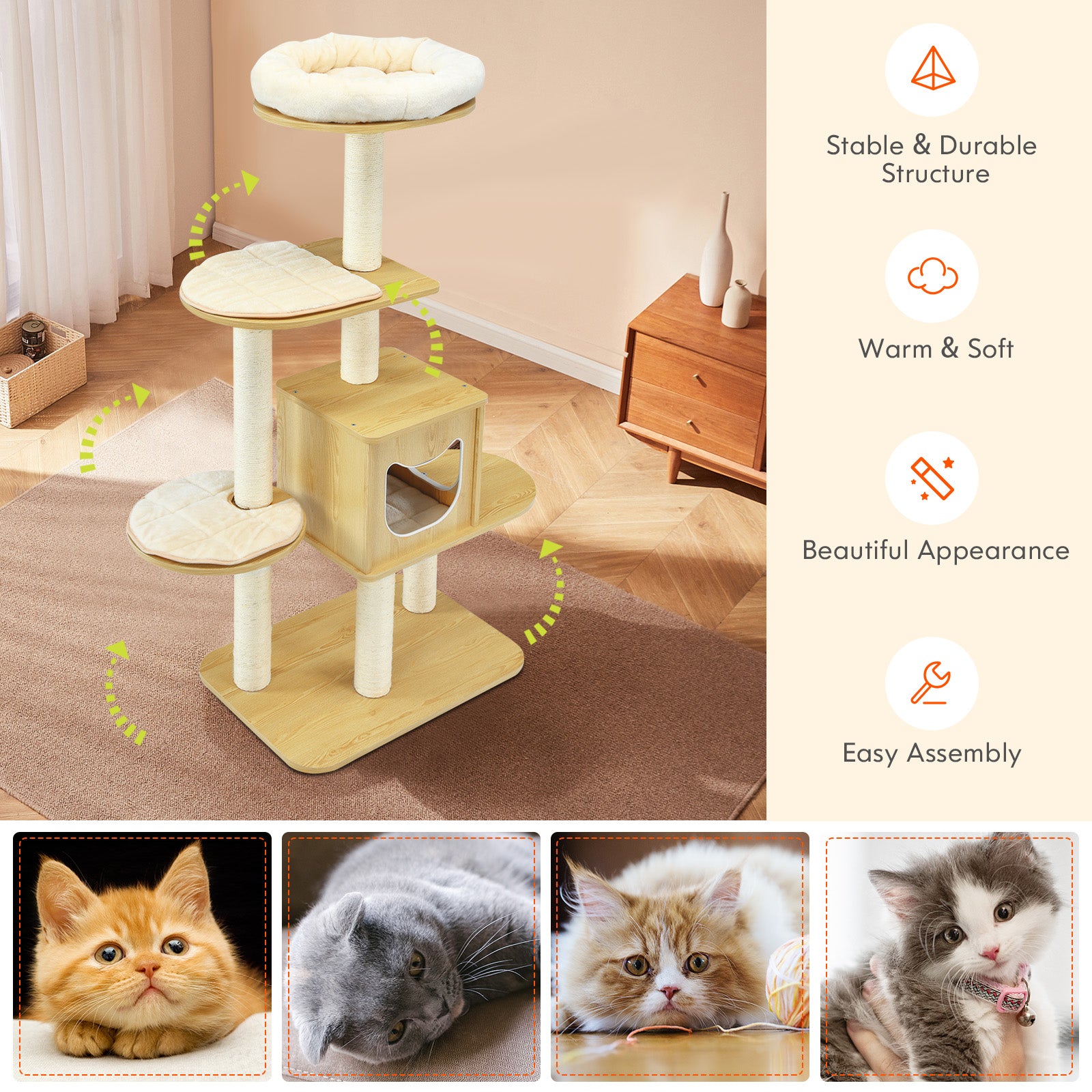 Multi-level Cat Tree with Scratching Posts Condo and Perches-Natural
