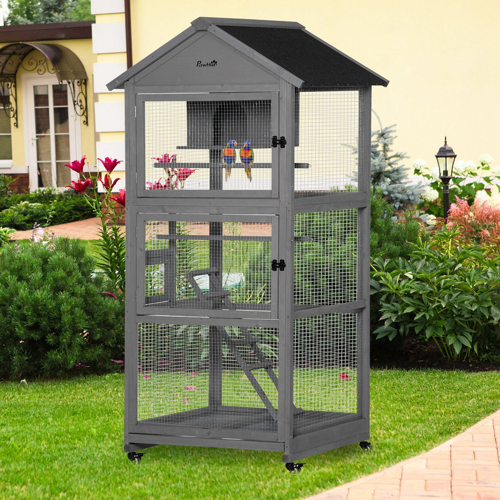 PawHut Bird Cage Mobile Wooden Aviary House for Canary Cockatiel Parrot with Wheel Perch Nest Ladder Slide-out Tray 86 x 78 x 180cm Dark Grey - Inspirely
