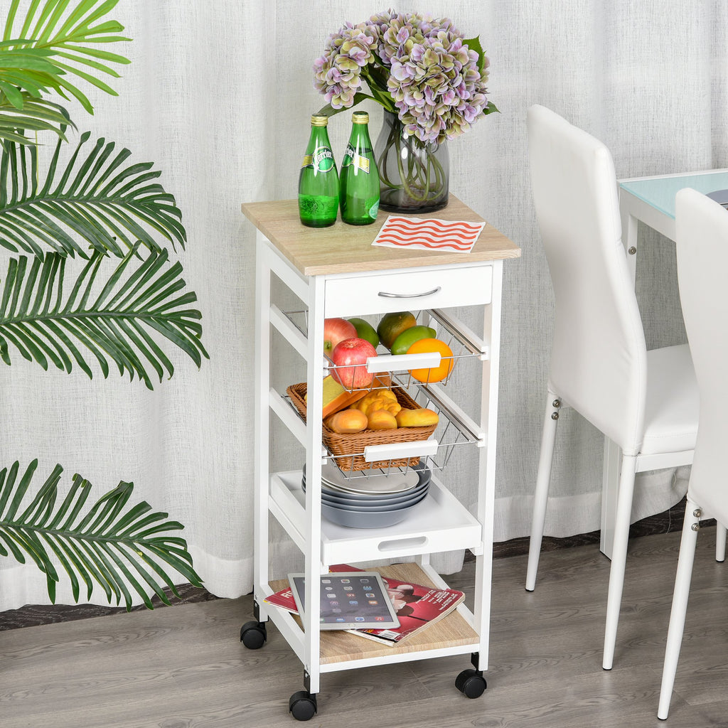 HOMCOM Mobile Rolling Kitchen Island Trolley for Living room, Serving Cart with Drawer & Basket, White - Inspirely