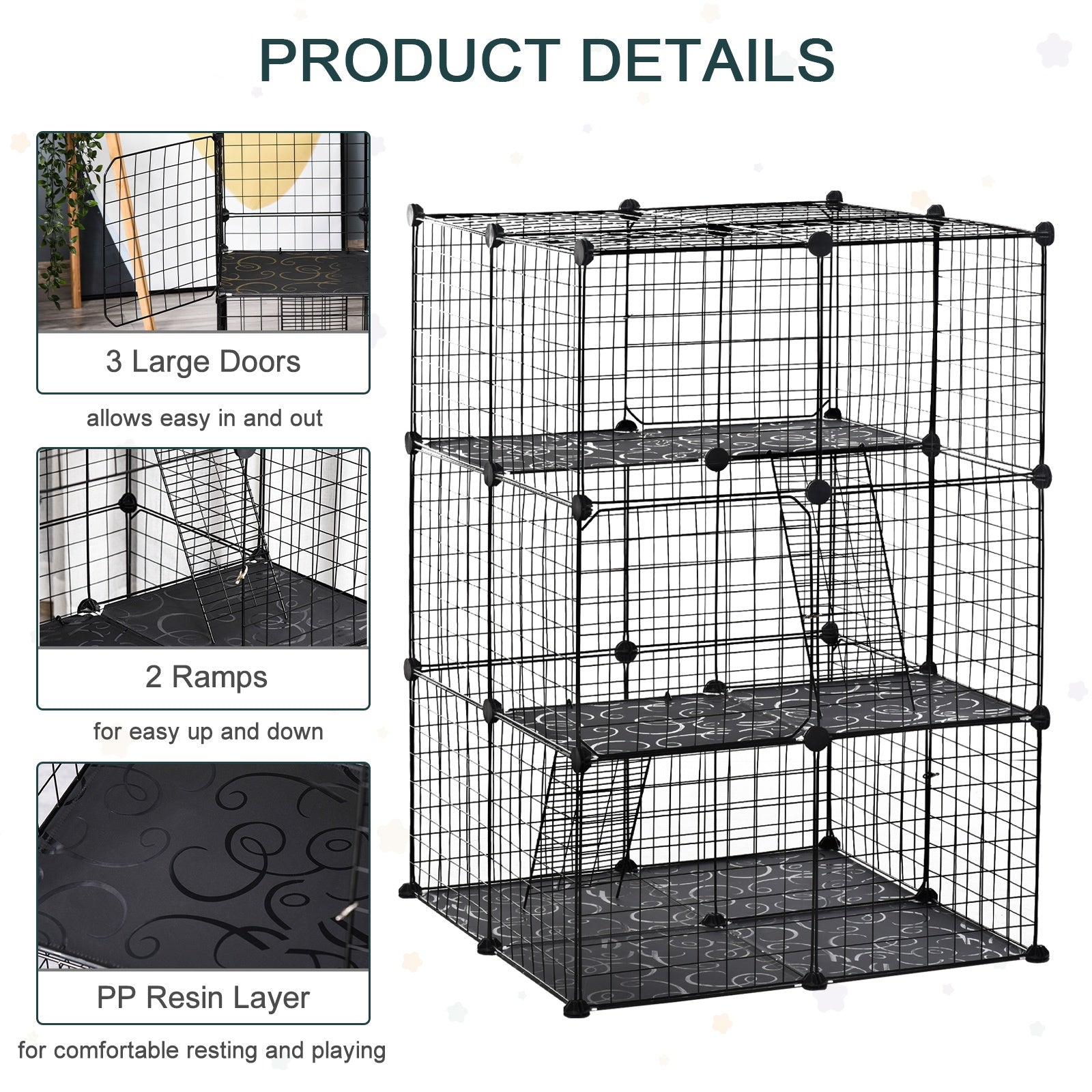Pet Playpen DIY Small Animal Cage Enclosure Metal Wire Fence 39 Panels with 3 Doors 2 Ramps for Kitten Bunny Chinchilla Pet Mink Black by PawHut - Inspirely