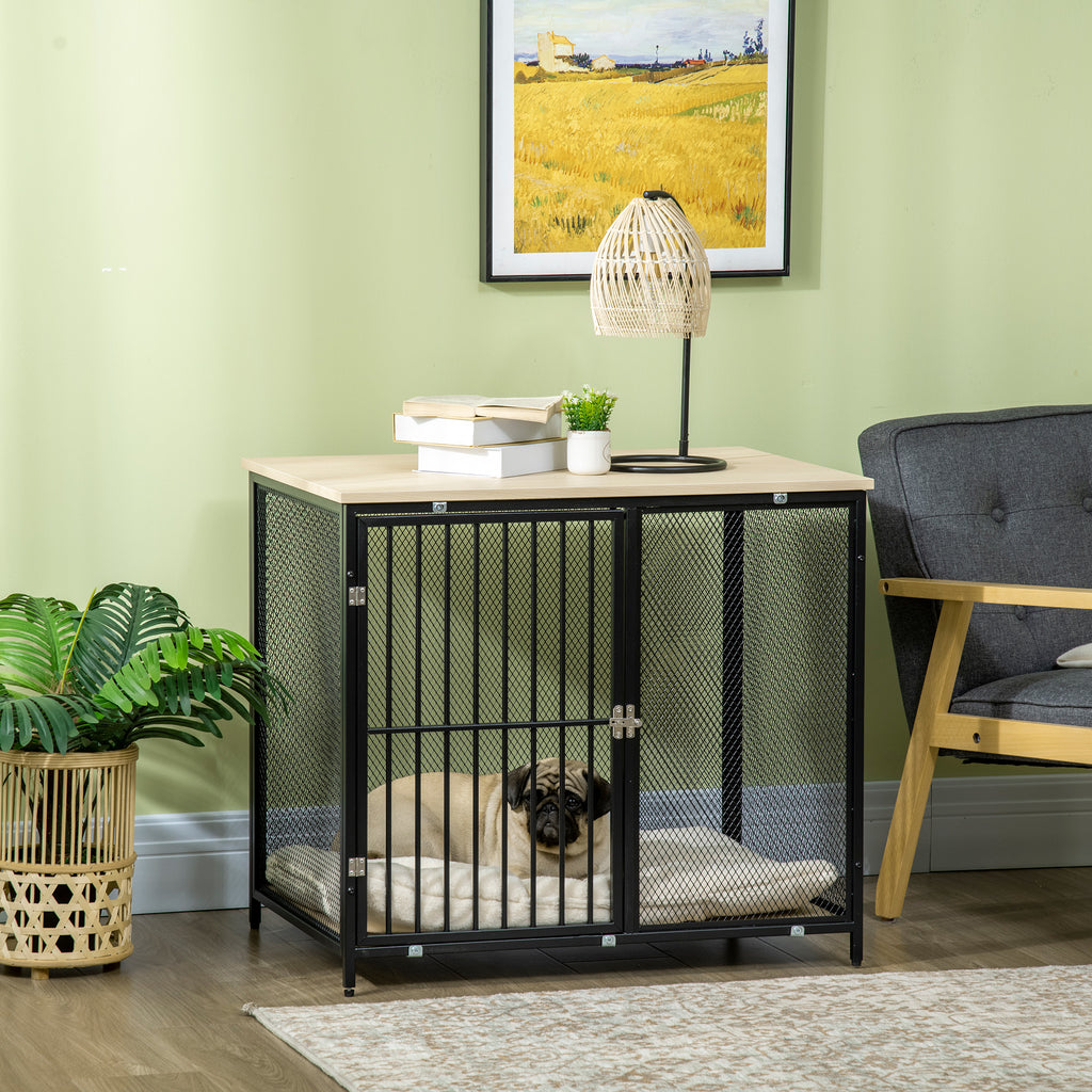 PawHut Dog Crate Furniture Side End Table with Soft Washable Cushion, Indoor Dog Kennel with Wire Mesh Wall, Wooden Top, for Medium Small Dogs
