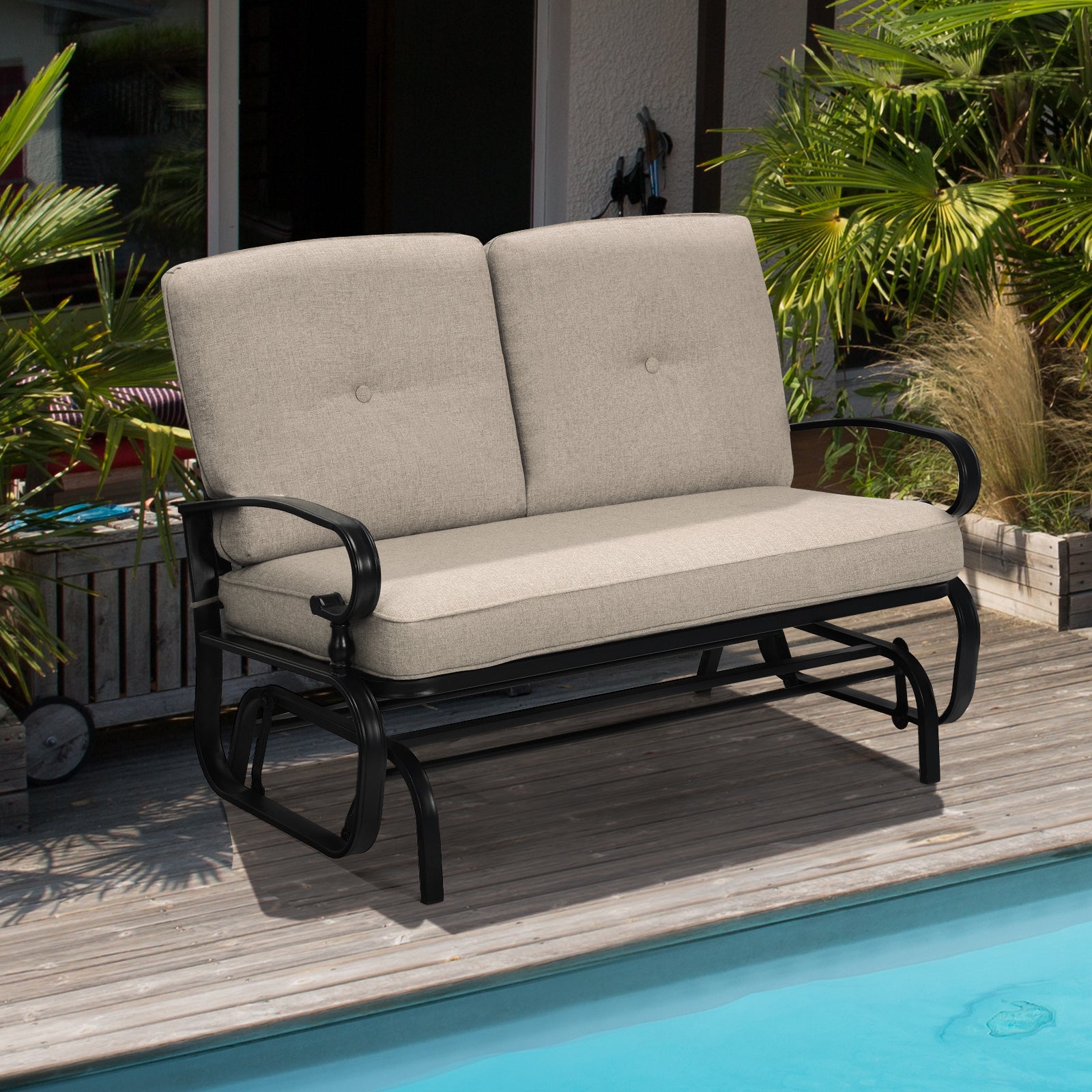 2-Person Patio Glider Chair with Cushions-Beige