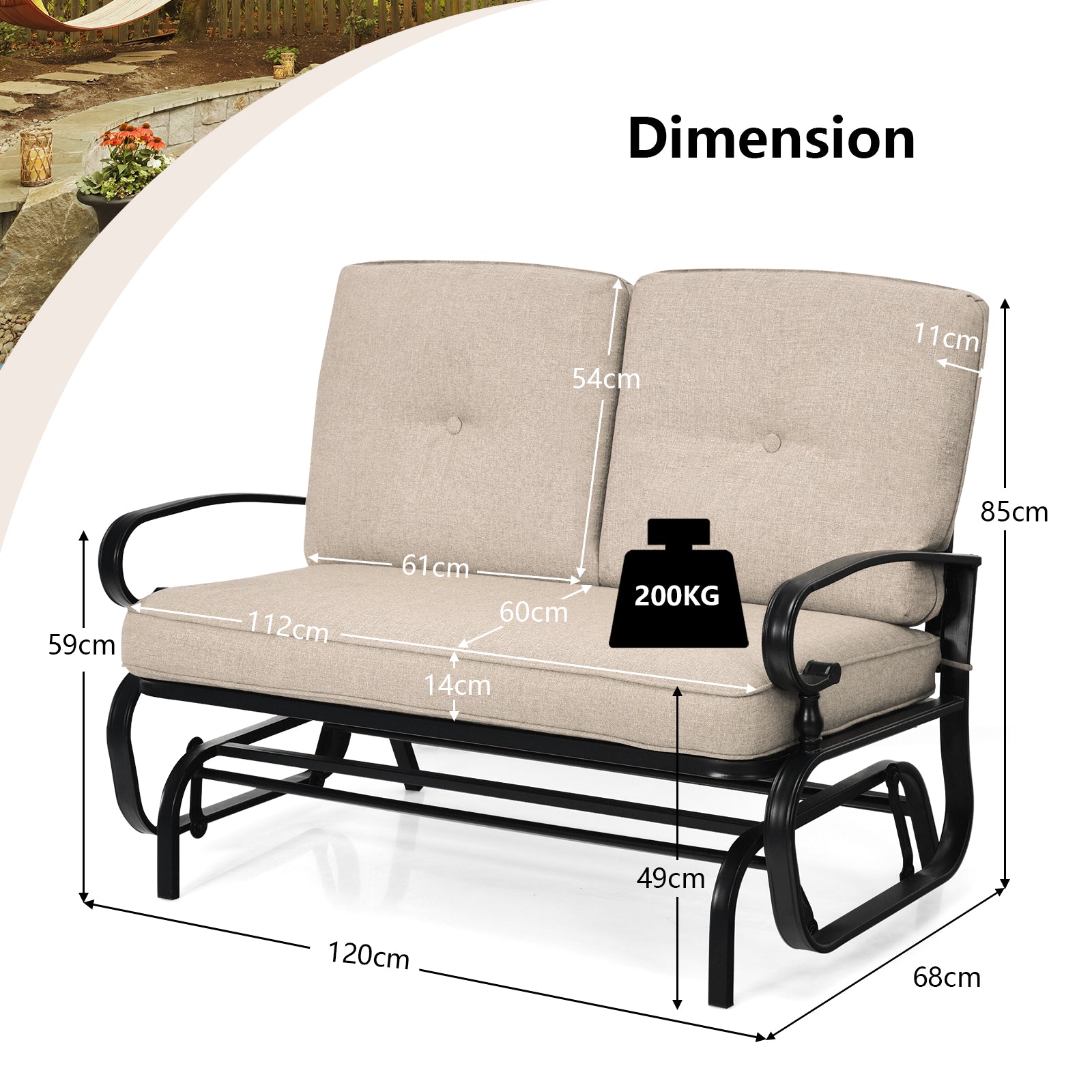 2-Person Patio Glider Chair with Cushions-Beige