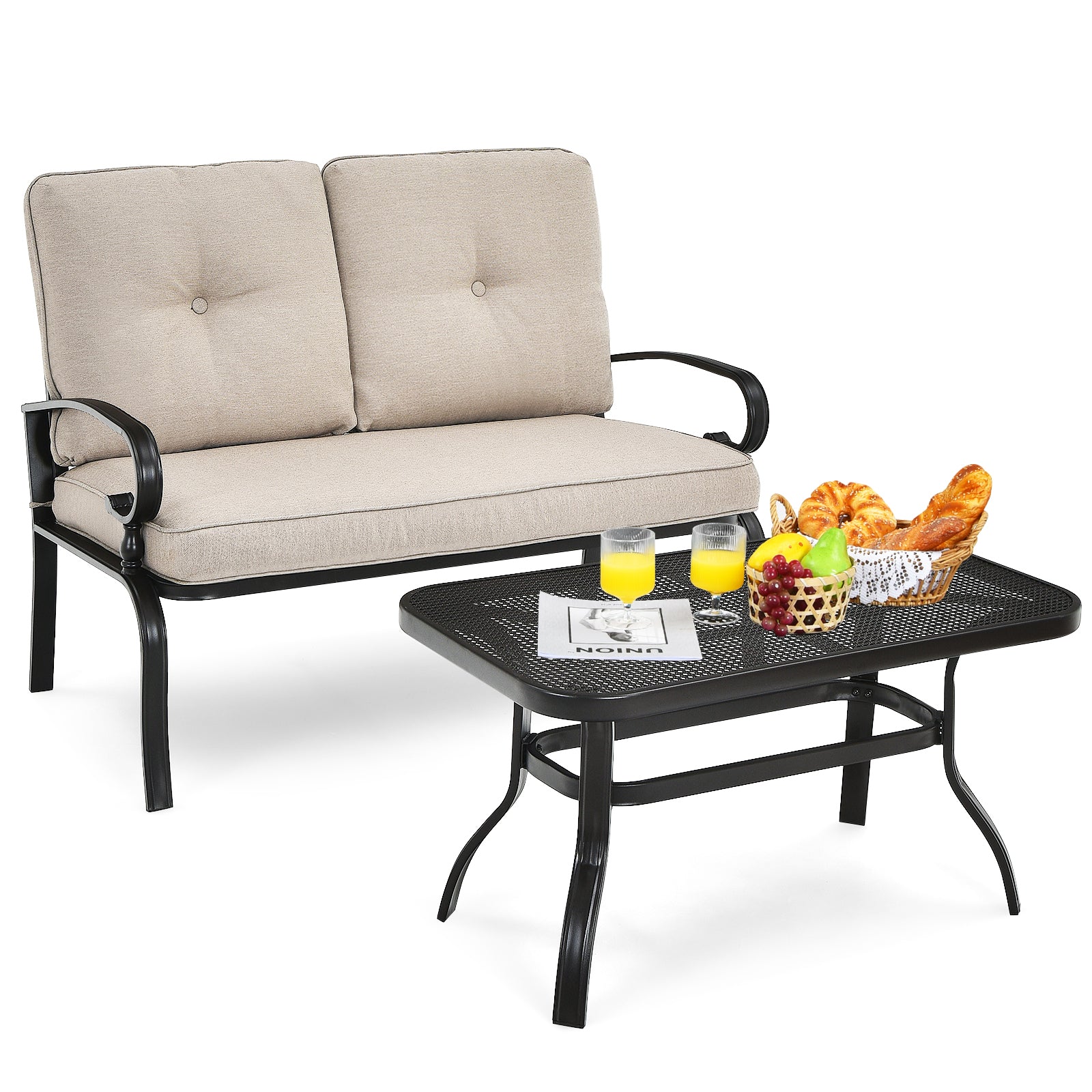 Garden Furniture Set with 2 Seat Cushioned Sofa and Coffee Table-Beige