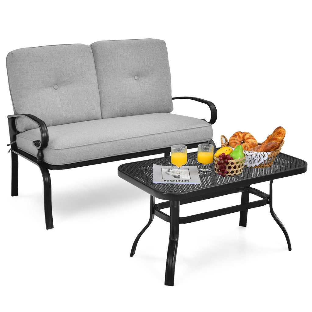 Garden Furniture Set with 2 Seat Cushioned Sofa and Coffee Table-Grey