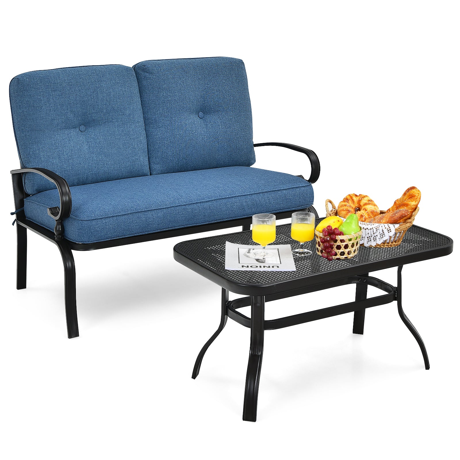 Garden Furniture Set with 2 Seat Cushioned Sofa and Coffee Table-Navy