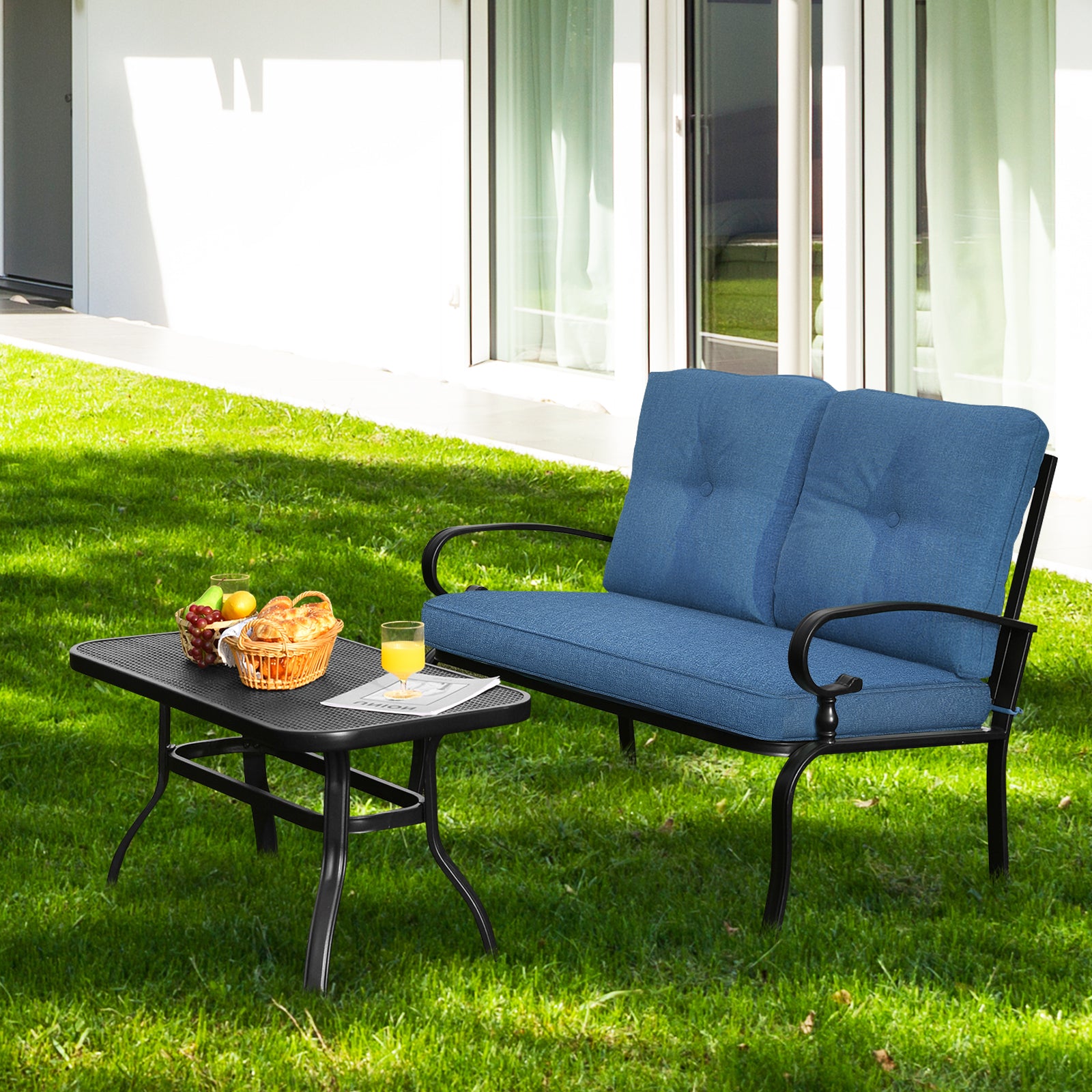 Garden Furniture Set with 2 Seat Cushioned Sofa and Coffee Table-Navy