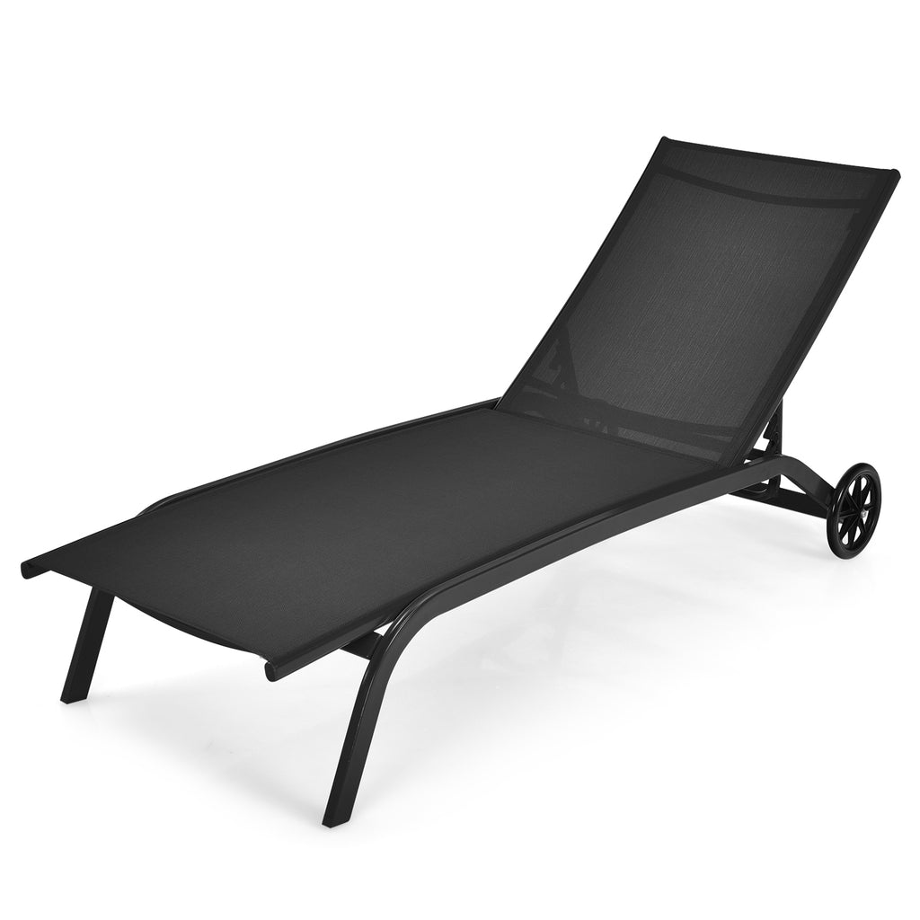 Adjustable Chaise Lounge with Smooth Wheels and Quick-drying Fabric-Black