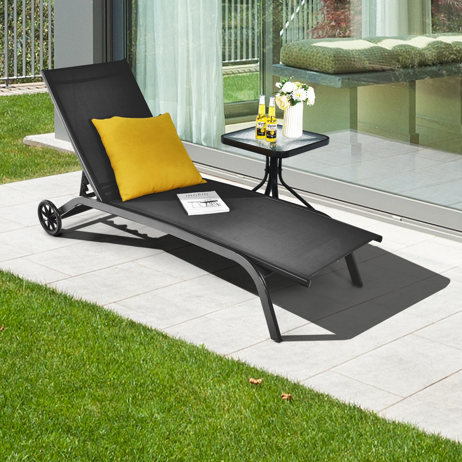 Adjustable Chaise Lounge with Smooth Wheels and Quick-drying Fabric-Black
