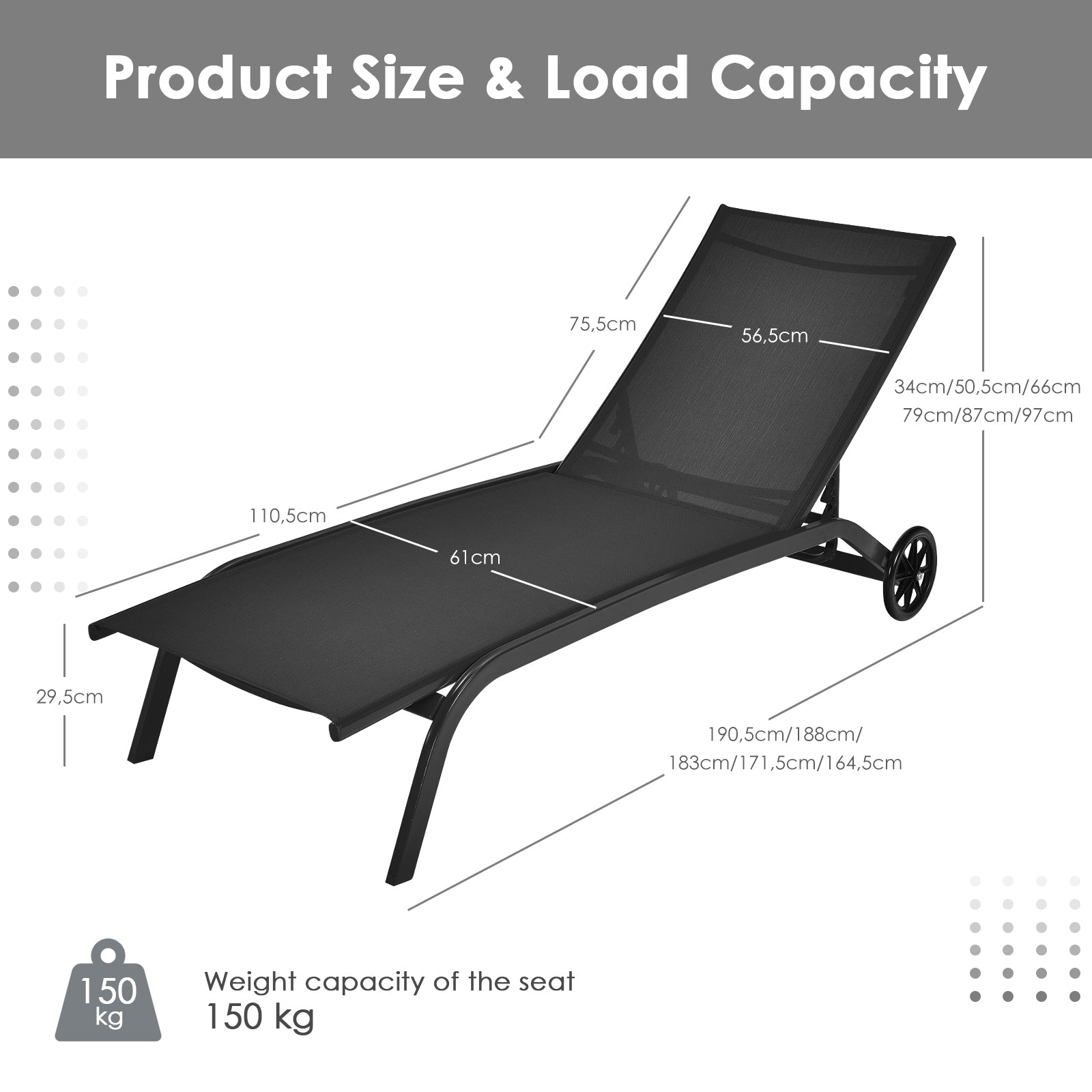 Adjustable Chaise Lounge with Smooth Wheels and Quick-drying Fabric-Black