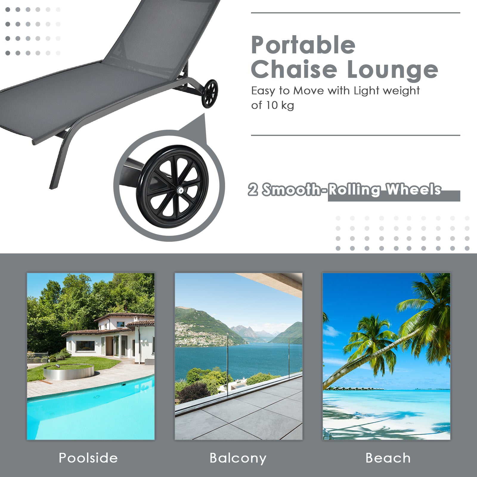 Adjustable Chaise Lounge with Smooth Wheels and Quick-drying Fabric-Grey