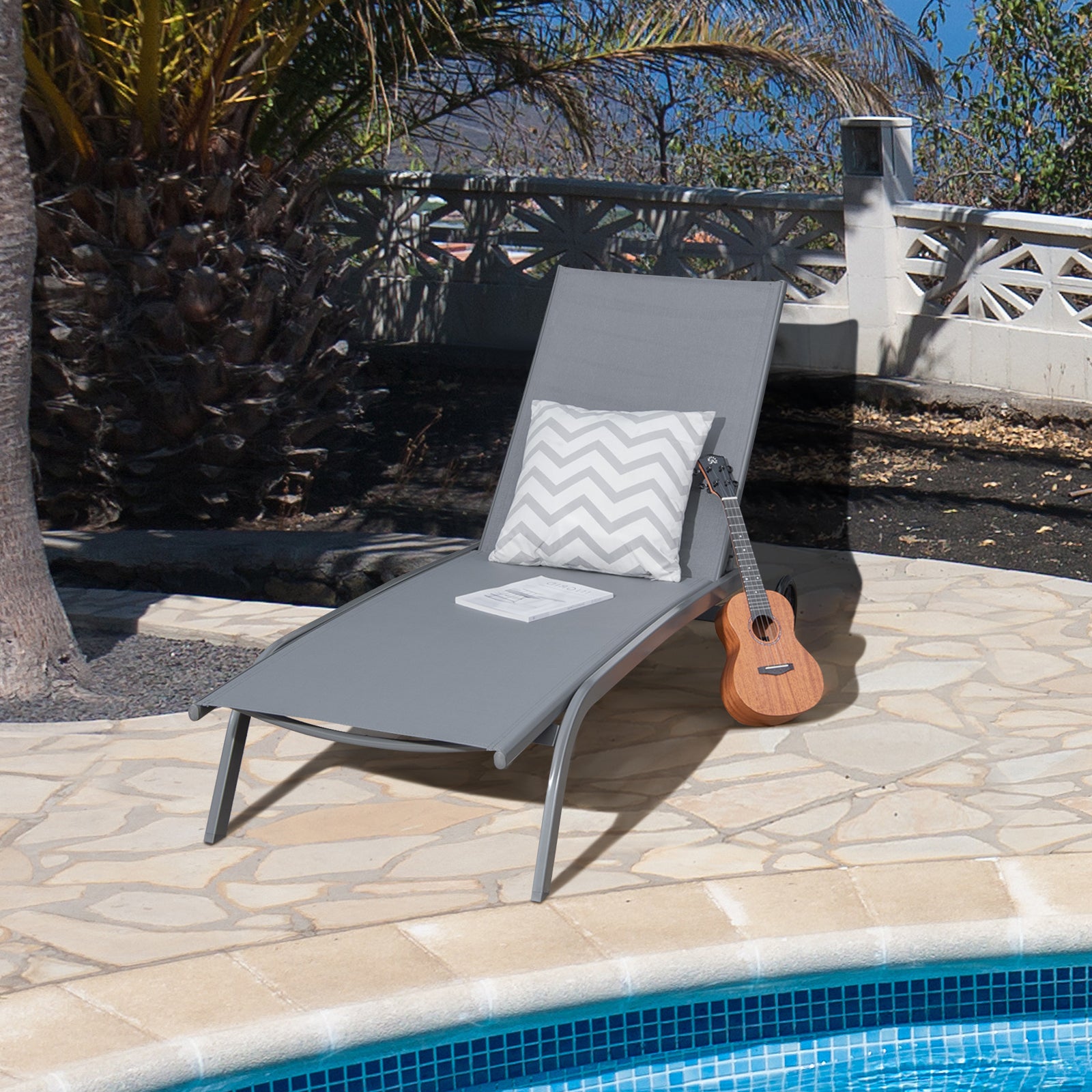Adjustable Chaise Lounge with Smooth Wheels and Quick-drying Fabric-Grey