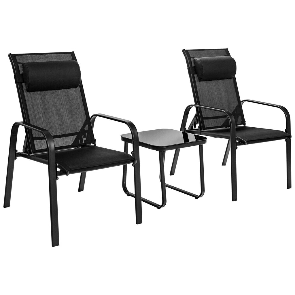 3 Pieces Patio Bistro Set with Coffee Table and 2 Stackable Chairs-Black