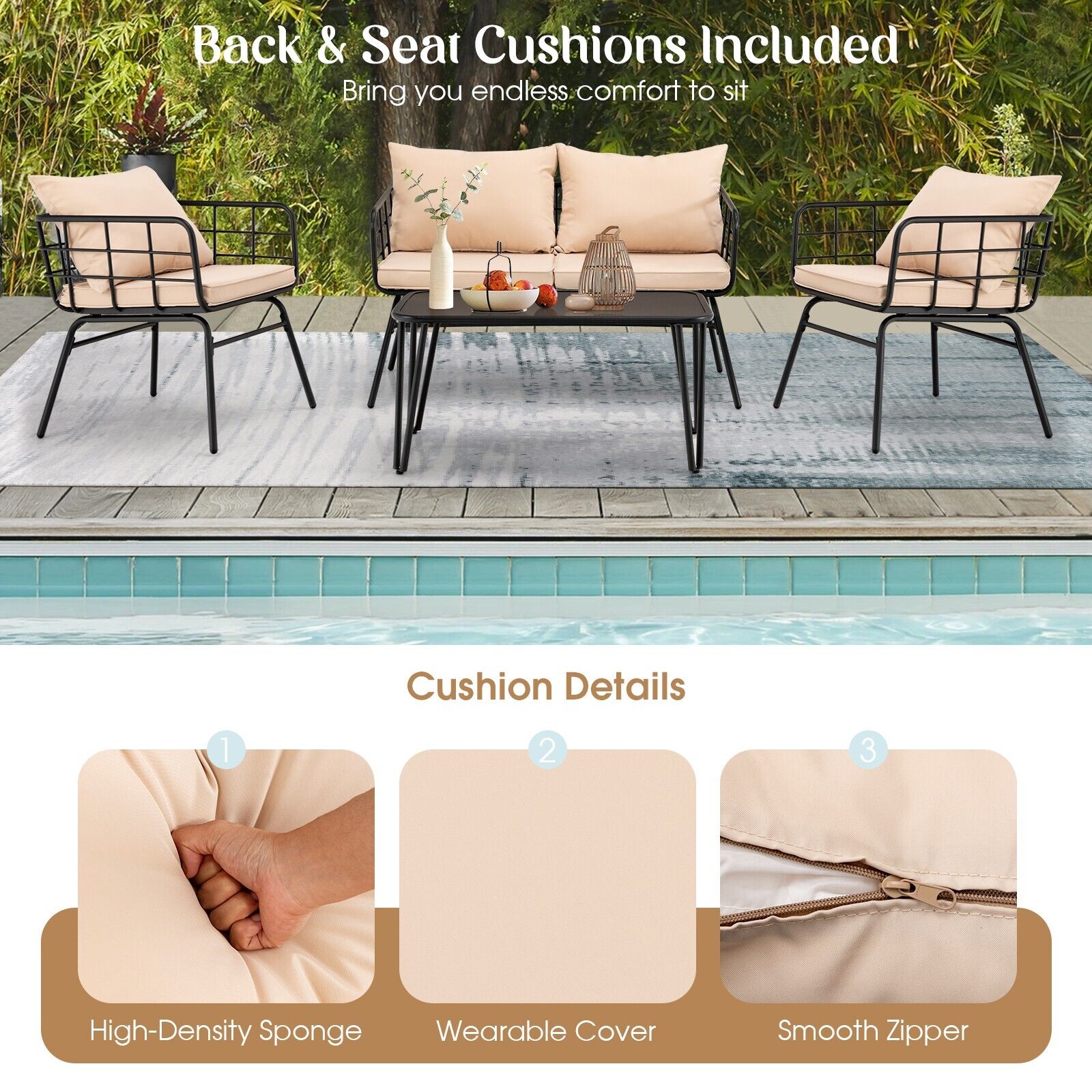 4 Piece Patio Conversation Set with Seat Back Cushions-Beige