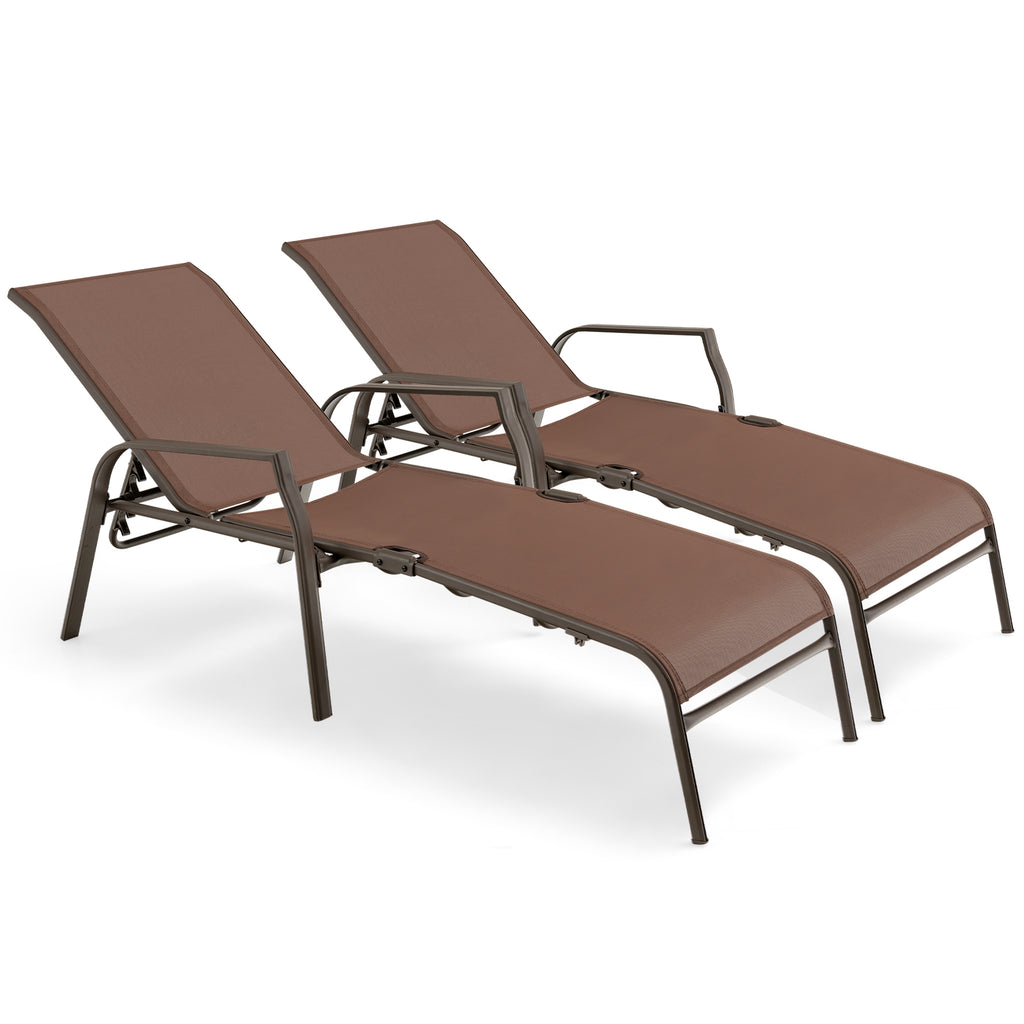 Set of 2 Folding Sun Lounger with 5 Positions Adjustable Stackable Deck Brown