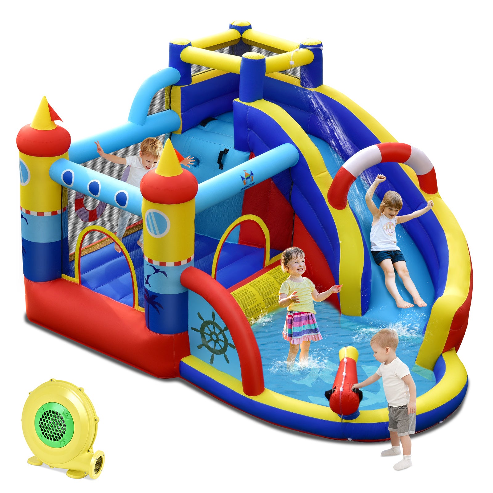 Inflatable Bounce Castle 6-in-1 Water Park with Curved Slide