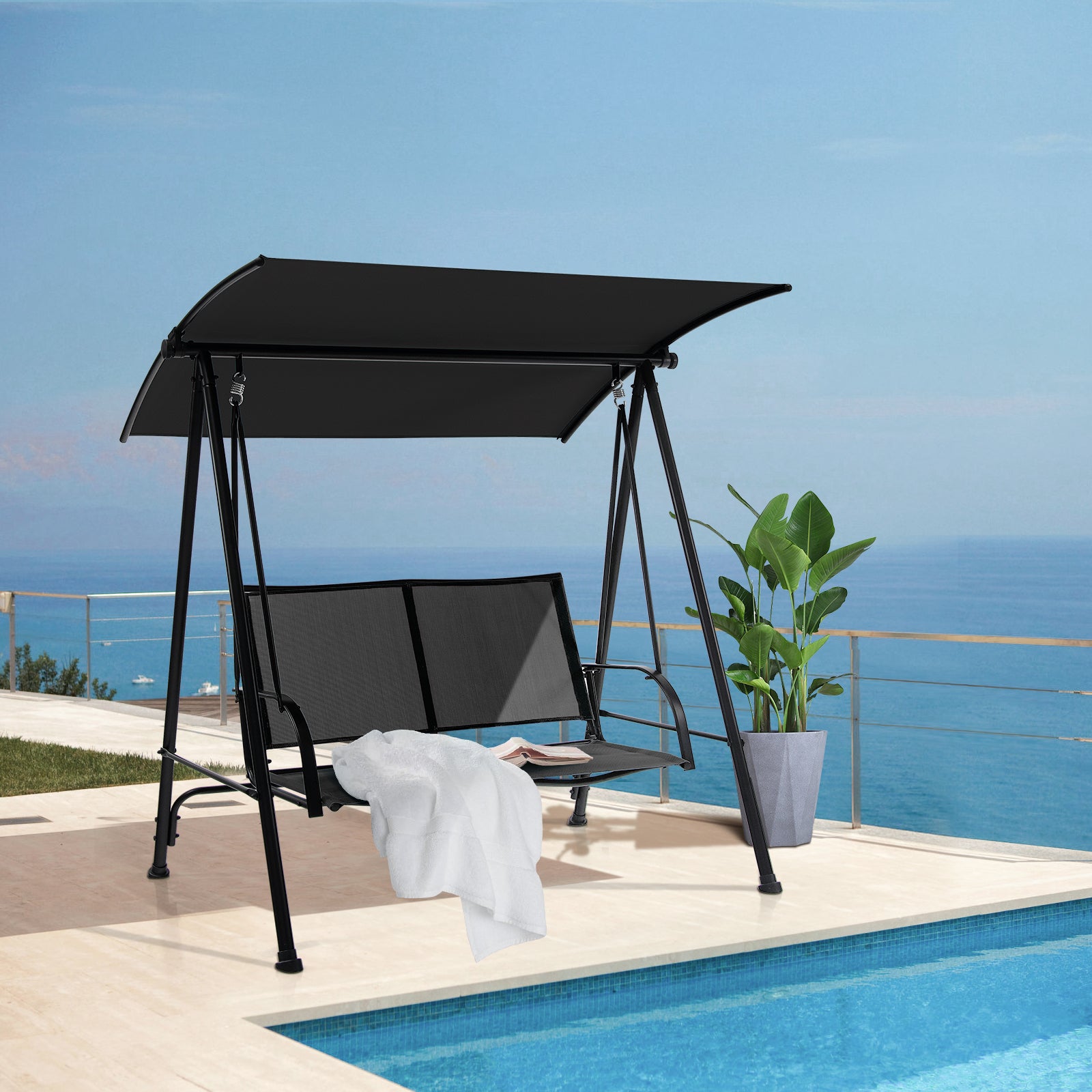2-Seat Outdoor Swing with Adjustable Canopy-Black