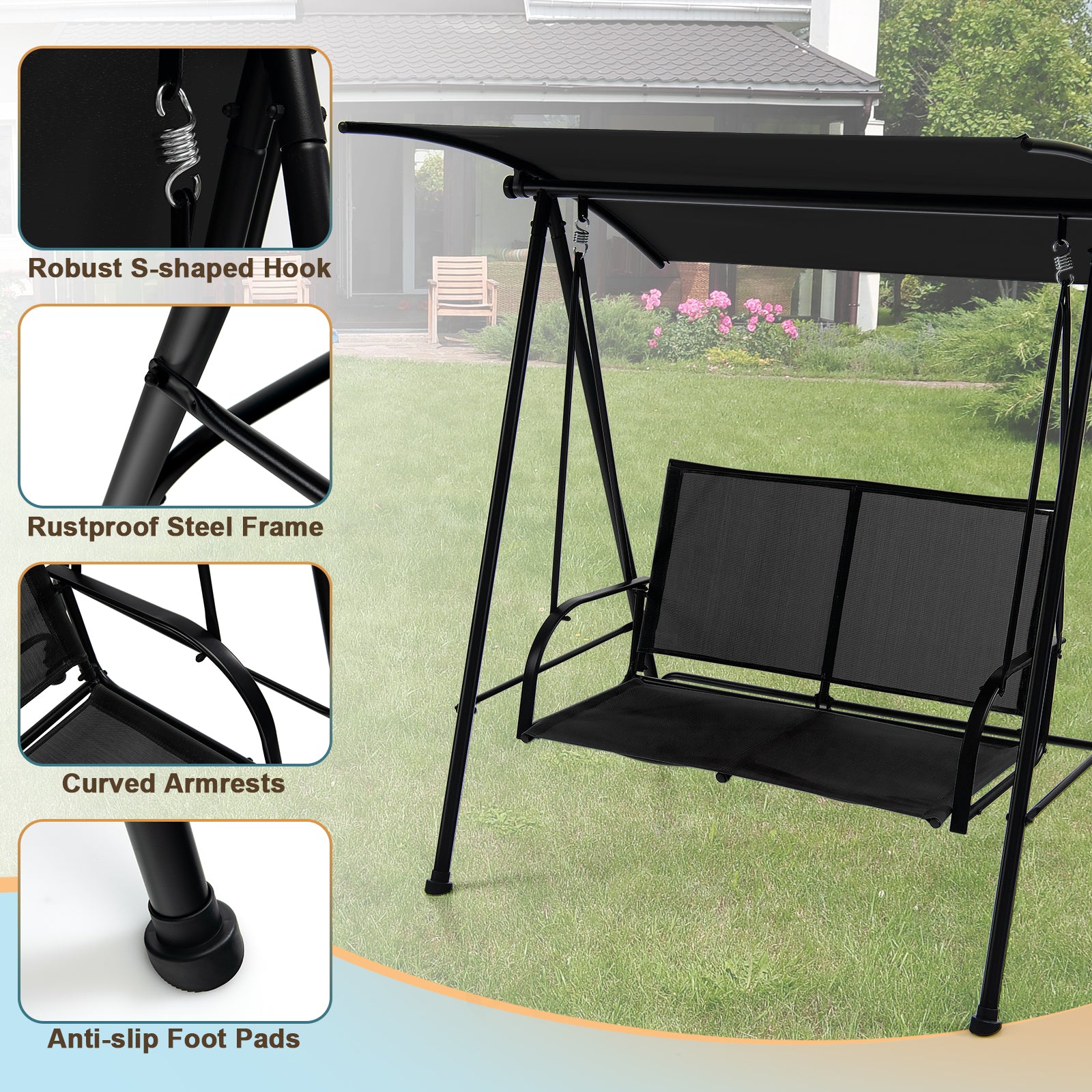 2-Seat Outdoor Swing with Adjustable Canopy-Black