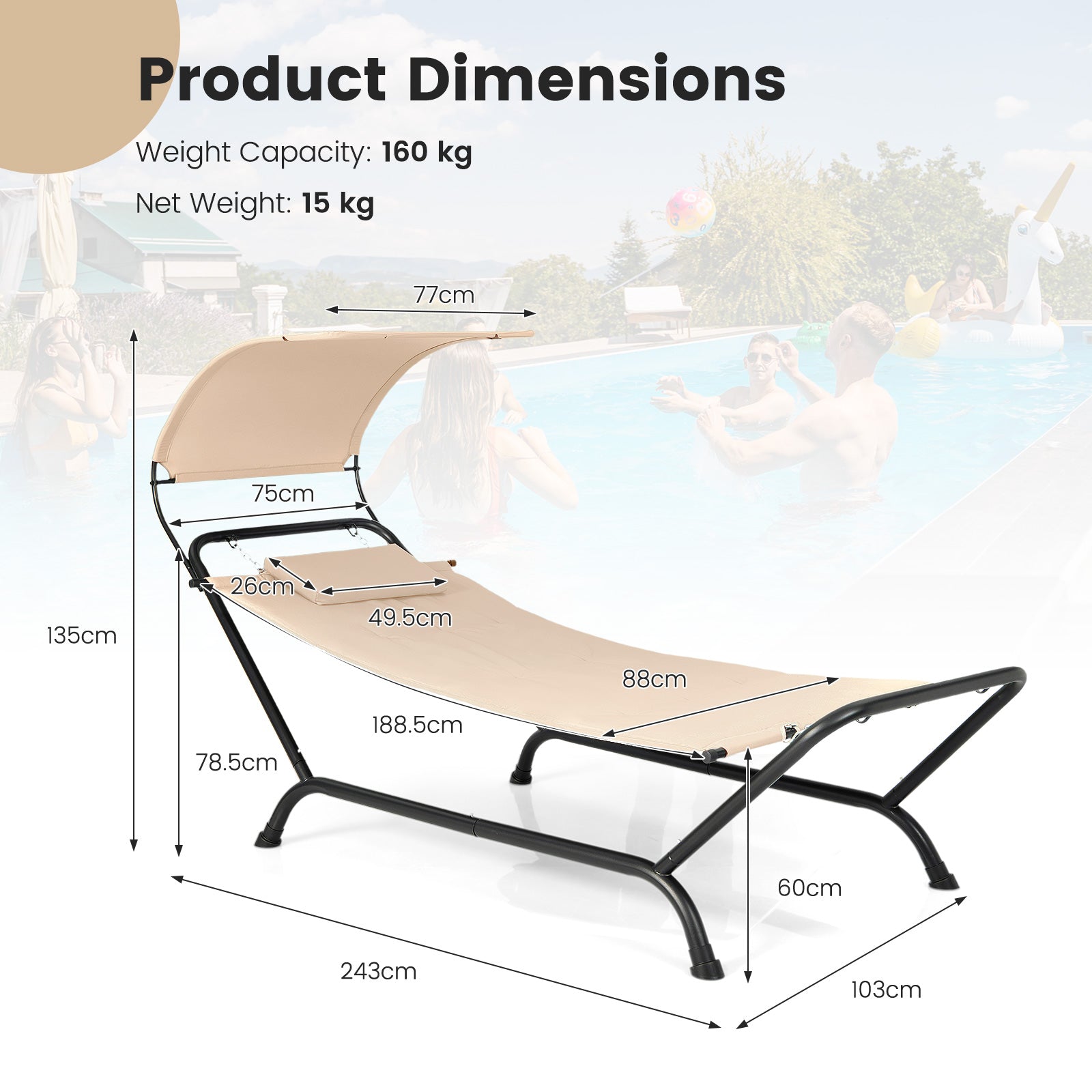 Outdoor Hammock with Stand Cushion and Canopy for Garden Lawn-Beige