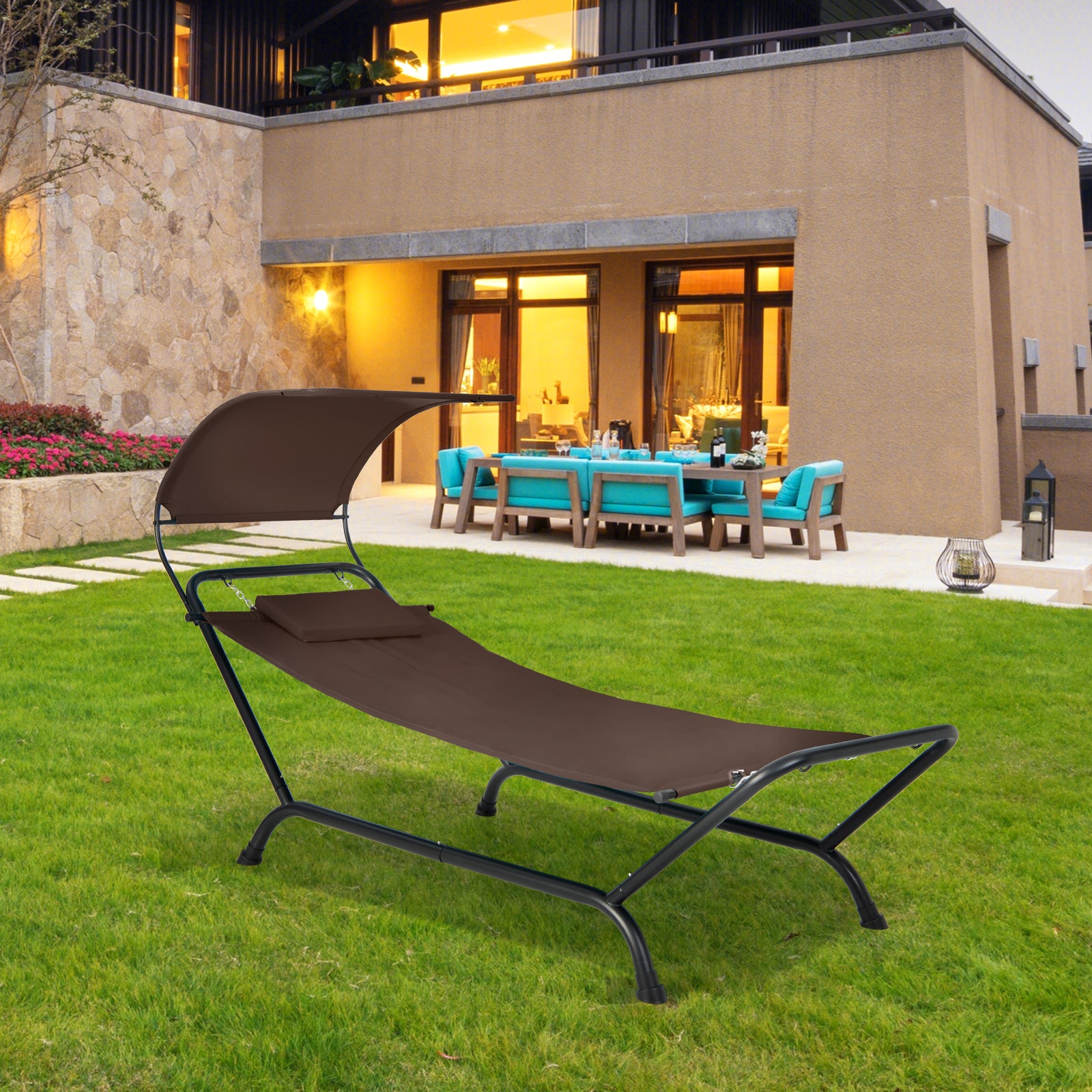 Outdoor Hammock with Stand Cushion and Canopy for Garden Lawn-Coffee