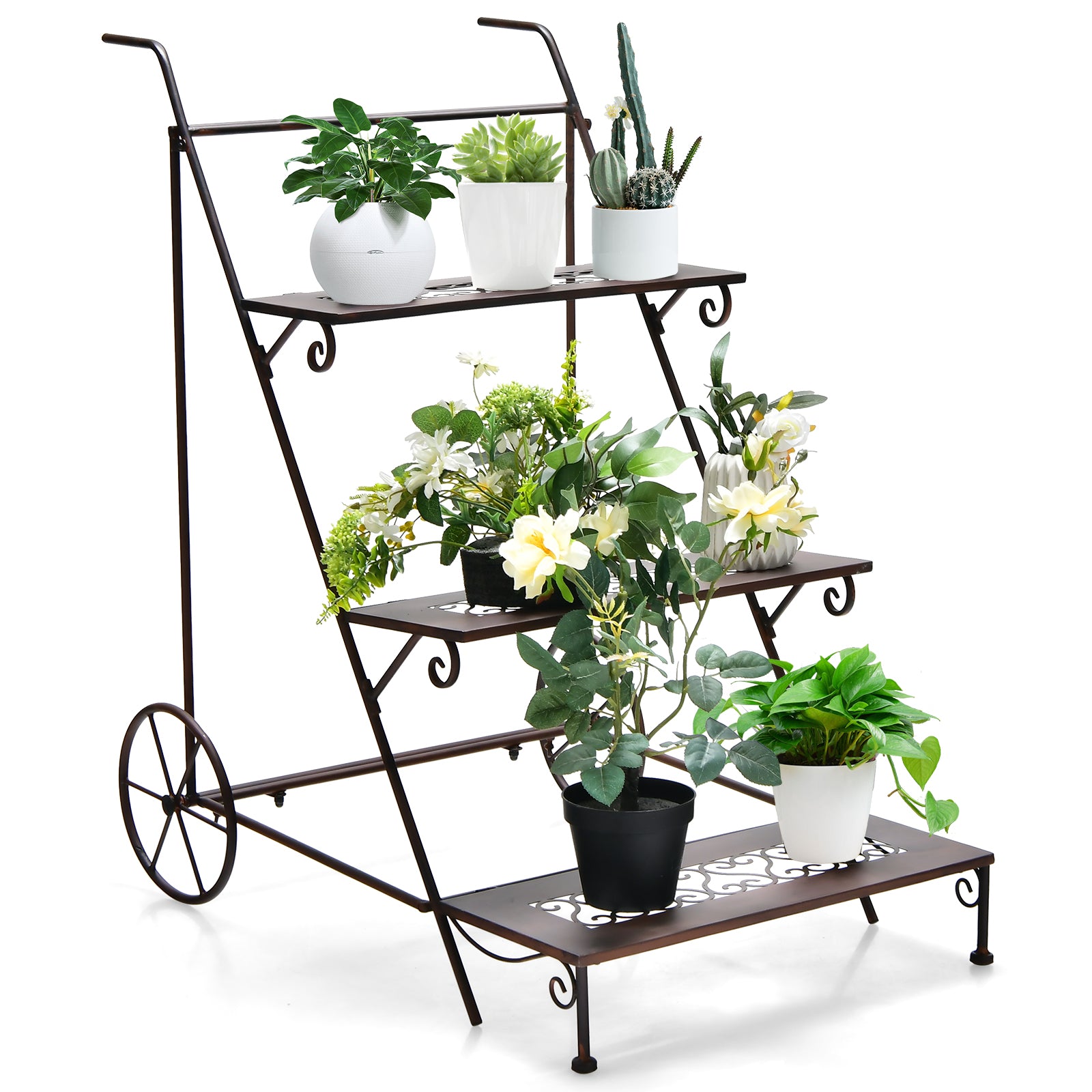 3-Tier Ladder Shaped Metal Plant Stand with Wheels and Handle