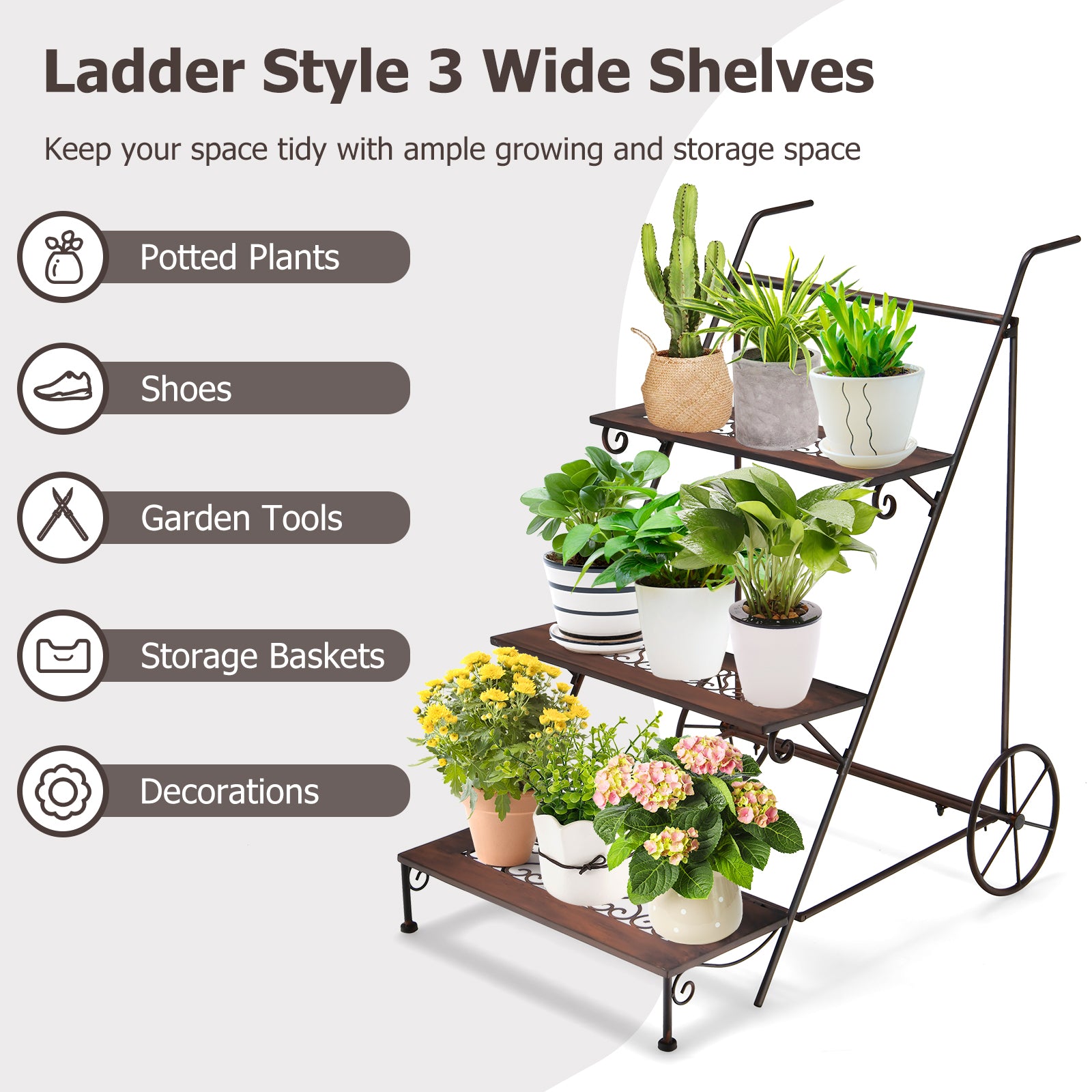 3-Tier Ladder Shaped Metal Plant Stand with Wheels and Handle