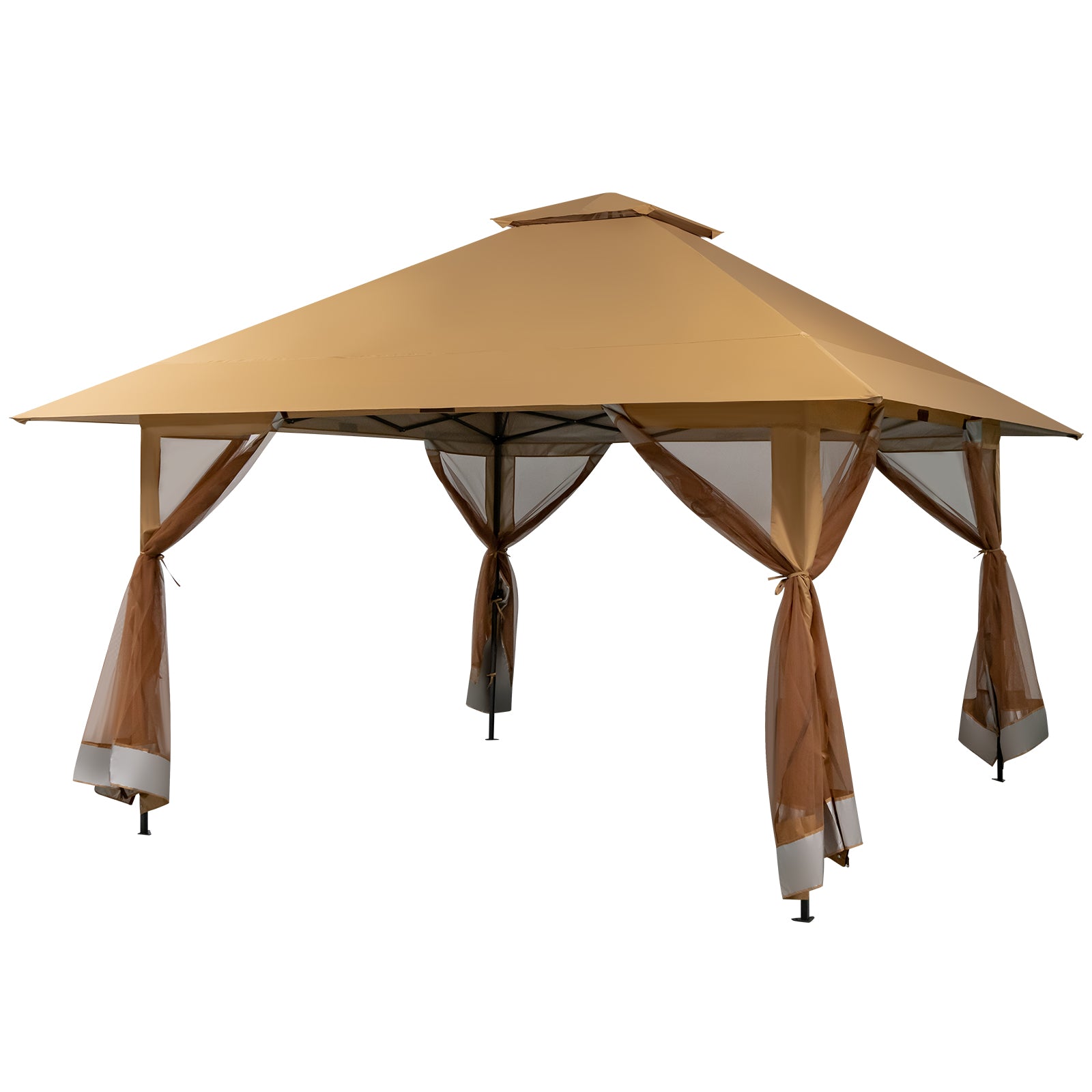 4 x 4m Pop-up Gazebo with Mesh Sidewalls and Adjustable Height-Brown