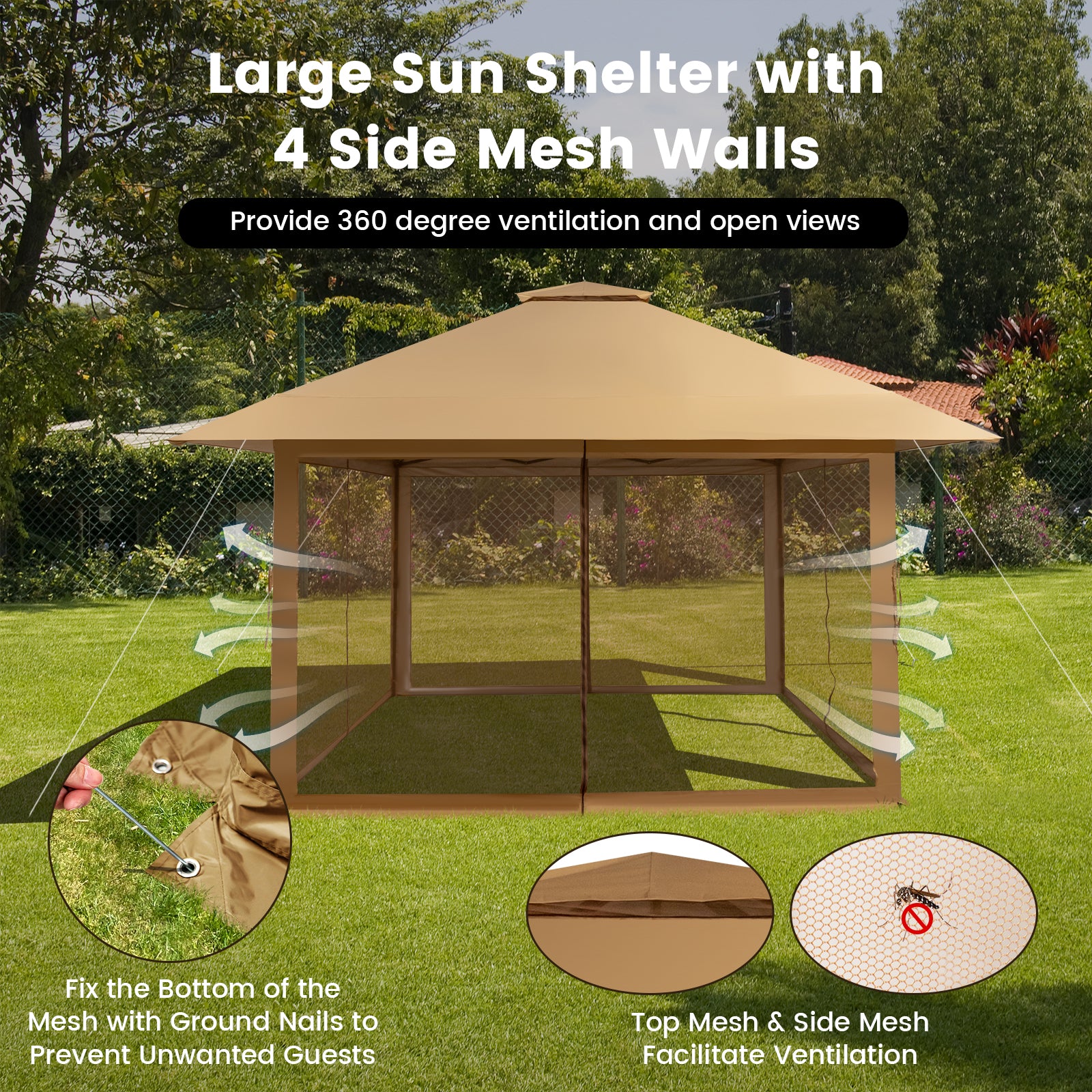 4 x 4m Pop-up Gazebo with Mesh Sidewalls and Adjustable Height-Brown