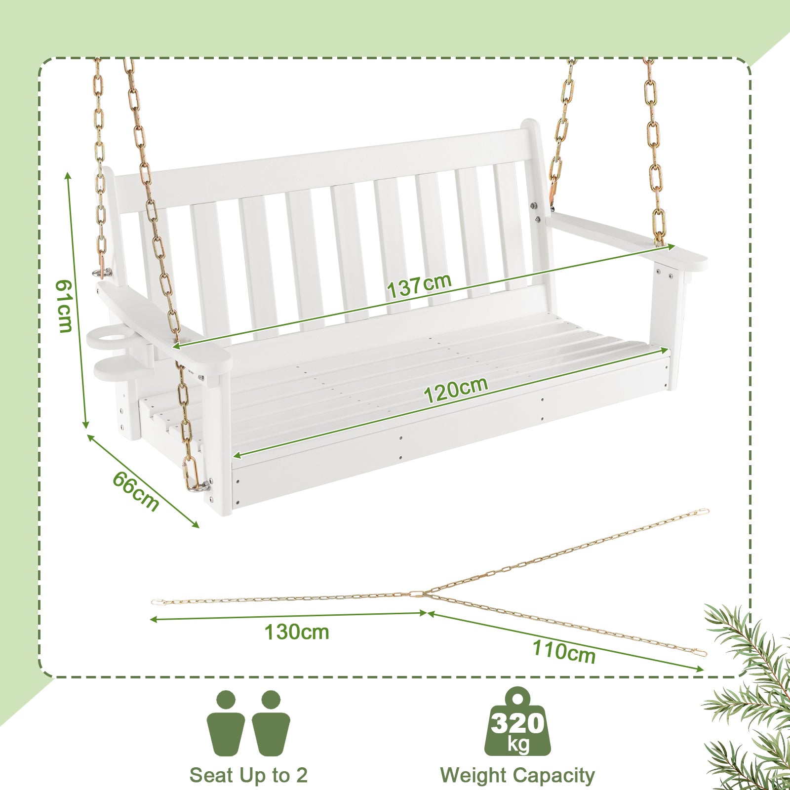 HDPE Porch Swing with Hidden Cup Holder and Adjustable Secure Chains-White