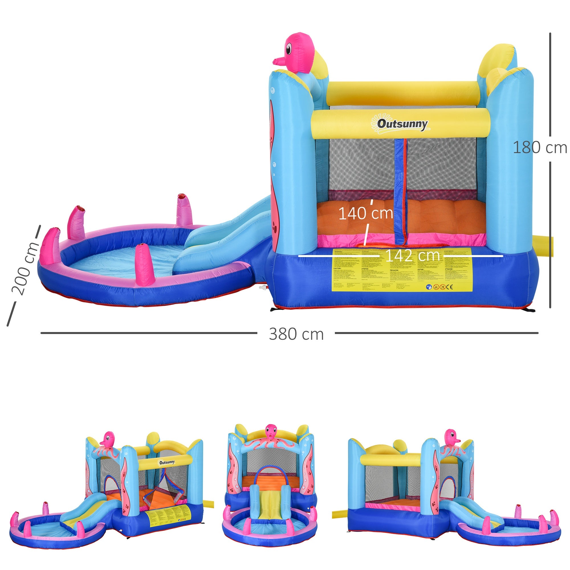 Outsunny Kids Bounce Castle House Inflatable Trampoline Slide Water Pool 3 in 1 with Inflator for Kids Age 3-12 Octopus Design 3.8 x 2 x 1.8m - Inspirely