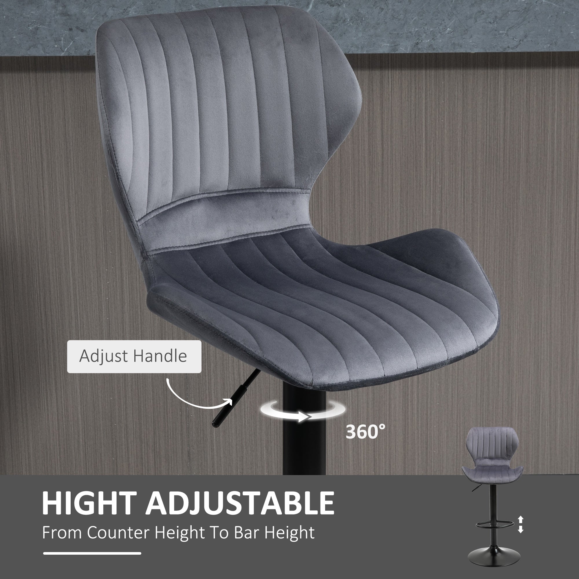 HOMCOM Bar Stool Set of 2 Velvet-Touch Fabric Adjustable Height Swivel Counter Chairs with Footrest, Grey - Inspirely