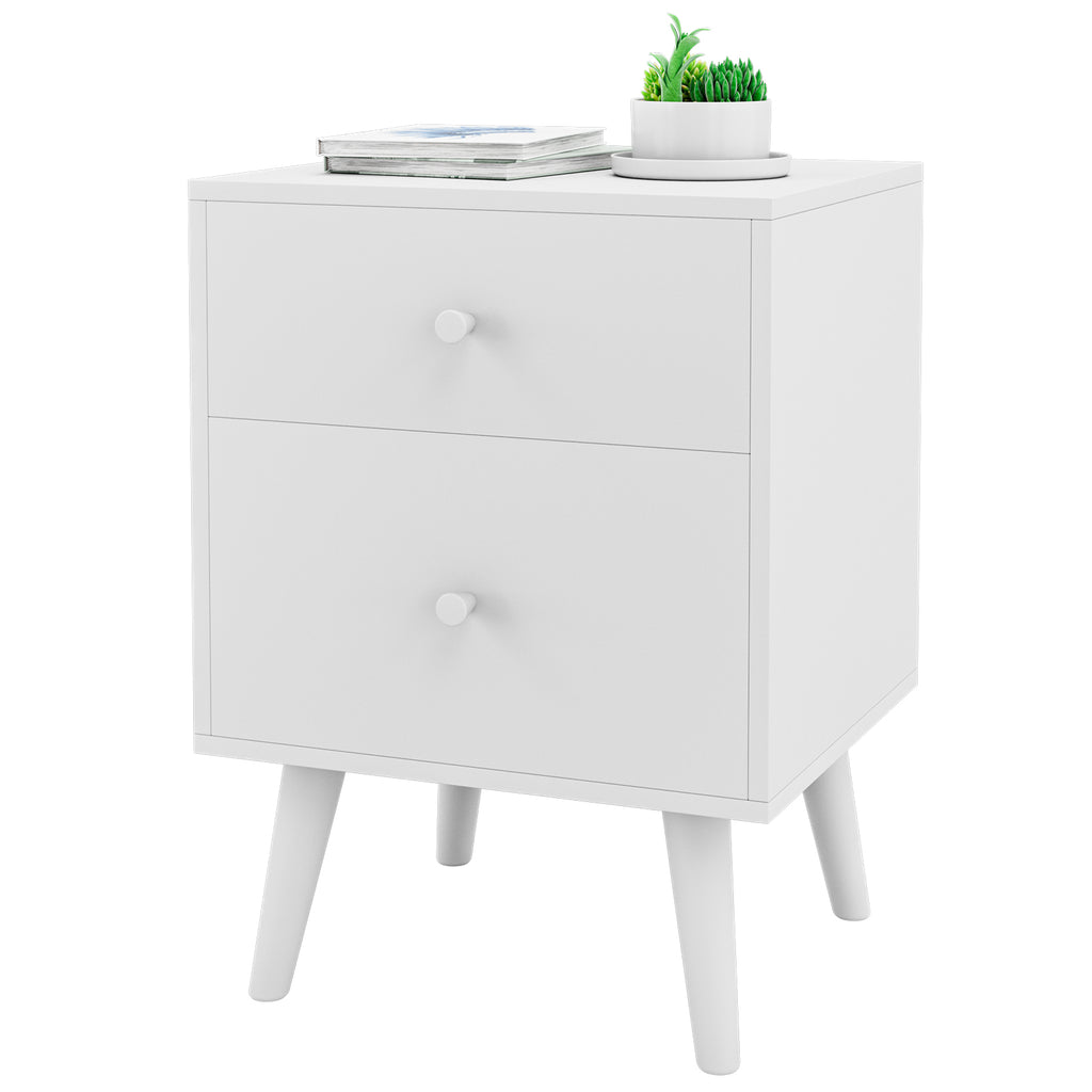 2-Drawer Nightstand with Solid Rubber Wood Legs and Large Storage Space-White