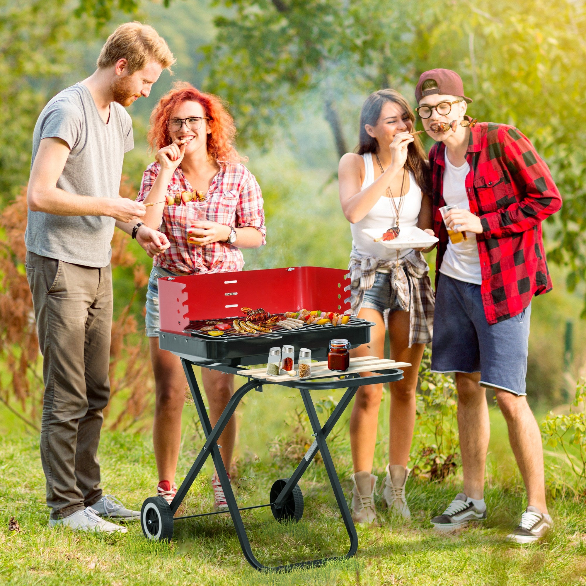 Outsunny Charcoal Barbecue Grill Garden Foldable BBQ Trolley w/ Windshield, Wheels, Side Trays, Red/Black