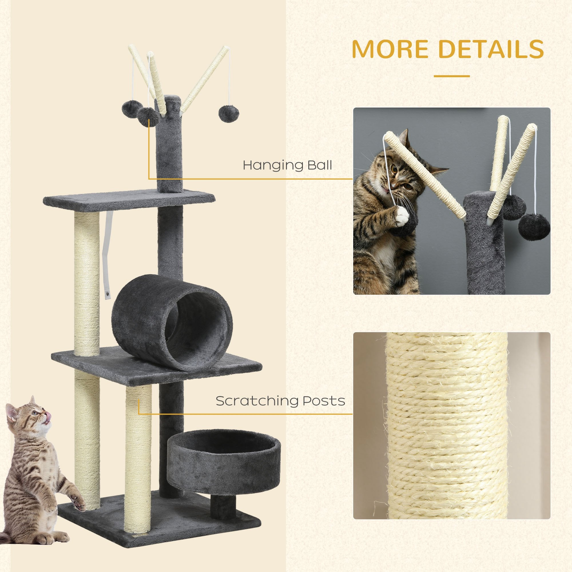 PawHut 121cm Cat Tree Tower for Indoor Cats Kitten Activity Center Scratching Post with Bed Tunnel Perch Interactive Ball Toy, Grey