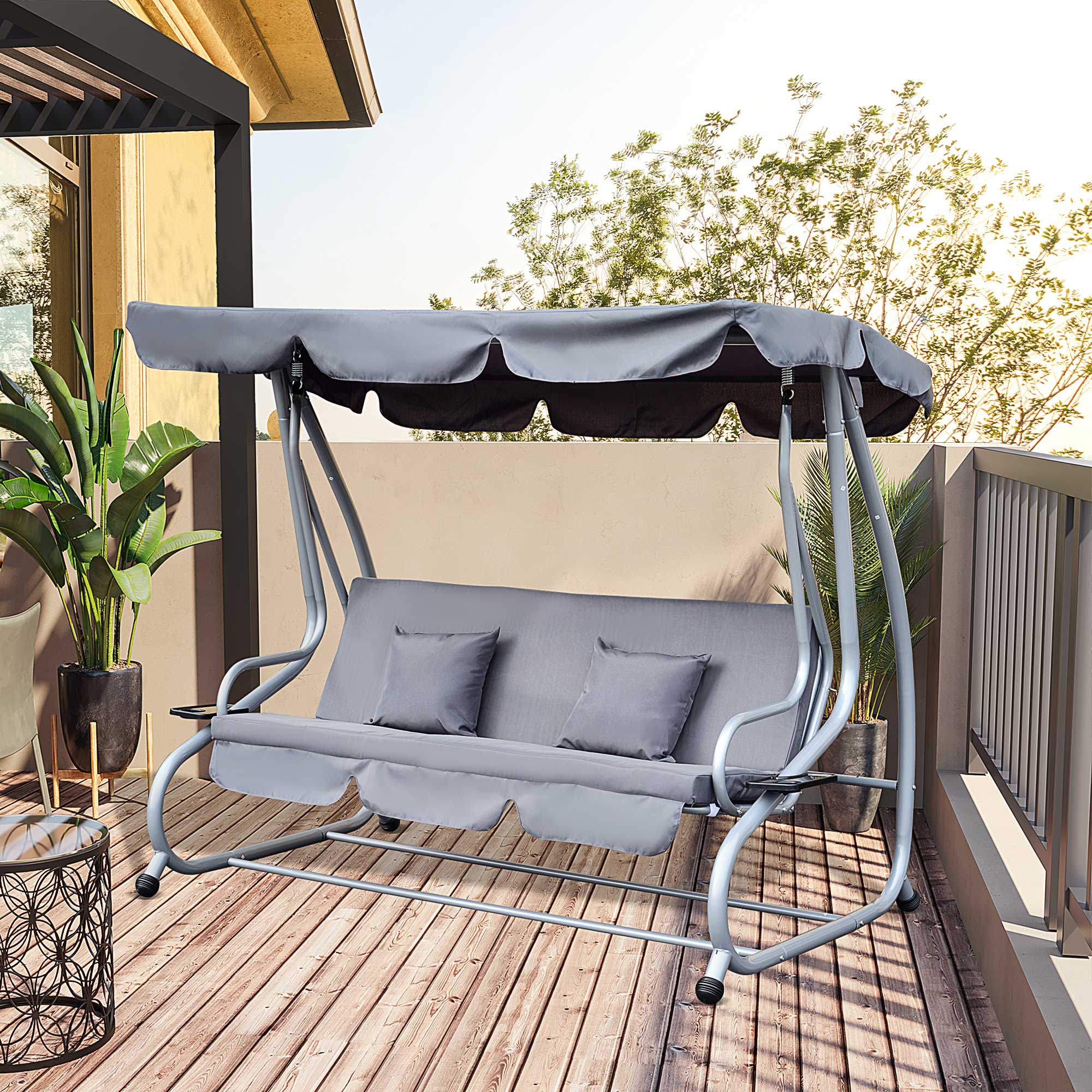 Outsunny 2-in-1 Garden Swing Seat Bed 3 Seater Swing Chair Hammock Bench Bed with Tilting Canopy and 2 Cushions, Grey - Inspirely
