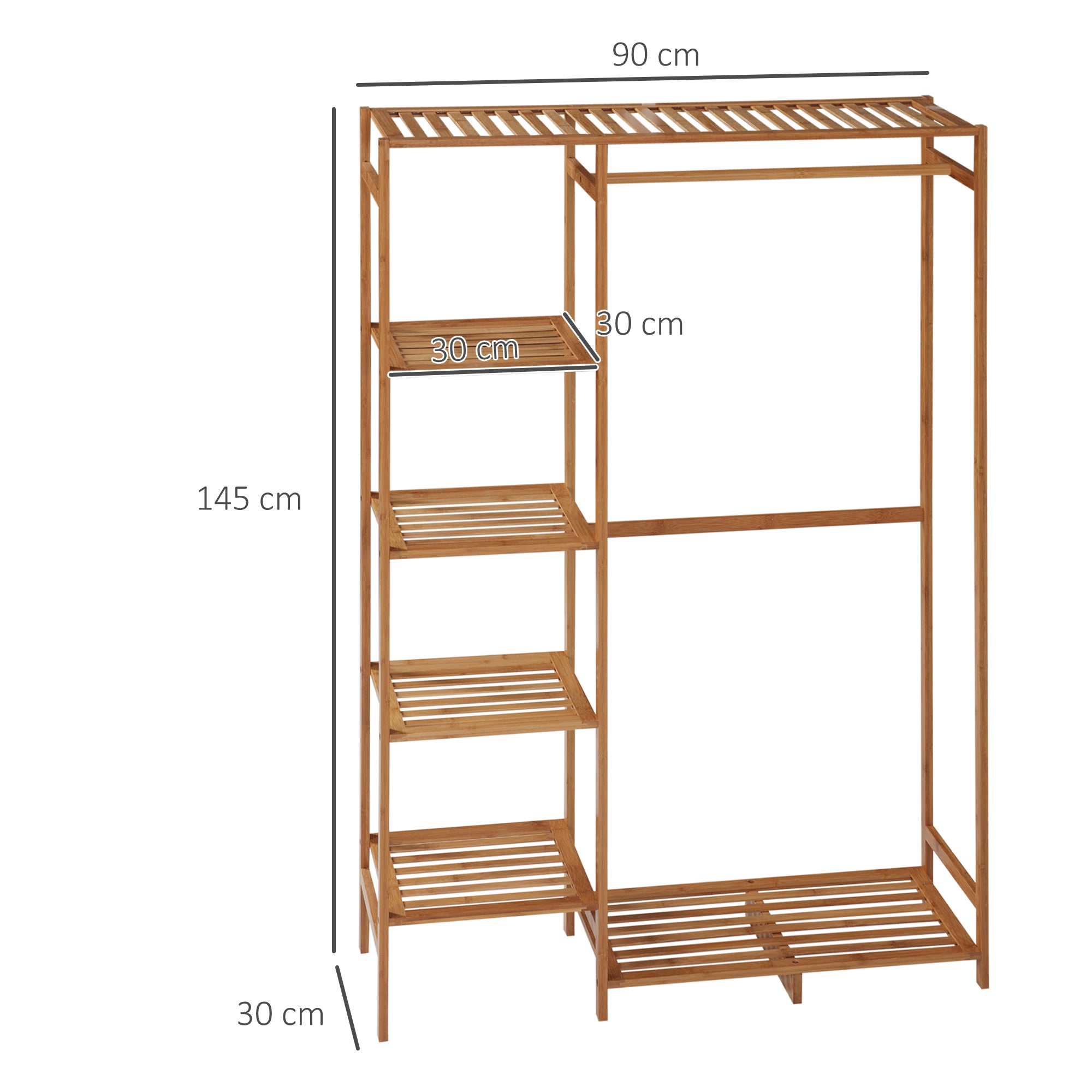 HOMCOM Bamboo Clothes Rack for Bedroom Garment Rack with 6-Tier Storage Shelf Hanging Rod Clothes Rail for Living Room Entryway