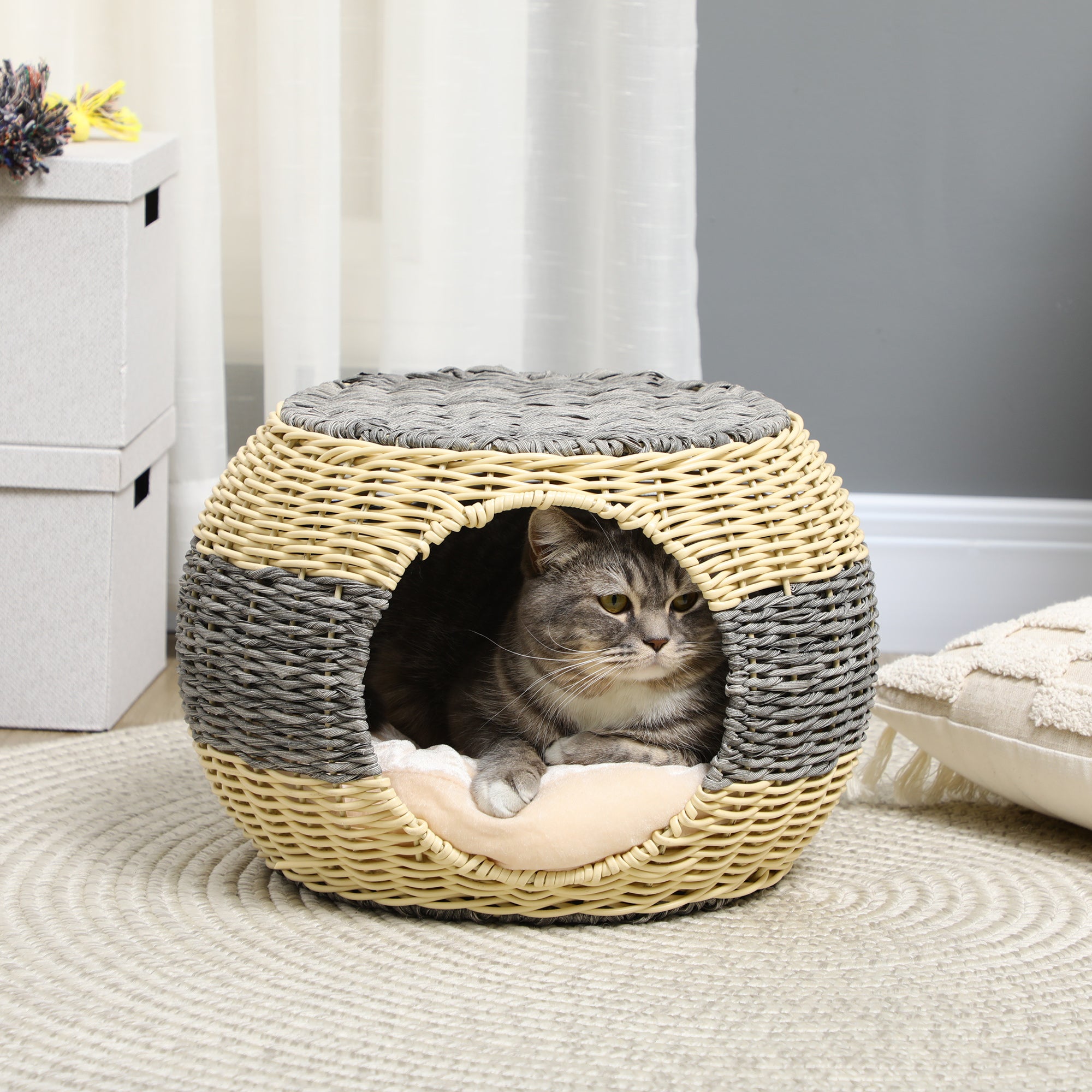PawHut Wicker Cat House, Rattan Raised Cat Bed, Cosy Kitten Cave with Soft Washable Cushion, Φ40 x 30cm