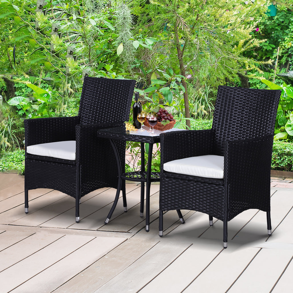 Outsunny Garden Outdoor Rattan Furniture Bistro Set 3 PCs Patio Weave Companion Chair Table Set Conservatory (Black) - Inspirely