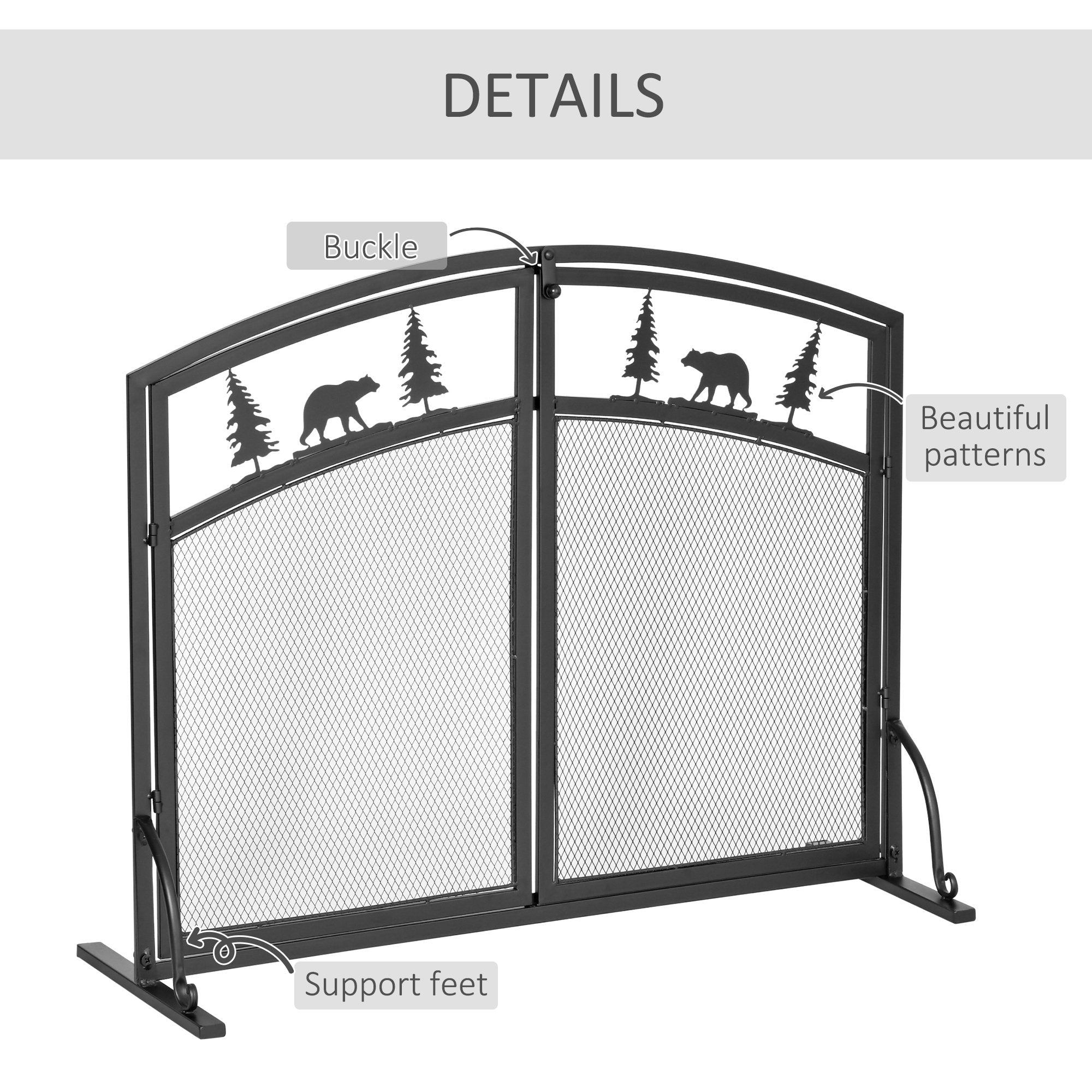 HOMCOM Fire Guard with Double Doors, Metal Mesh Fireplace Screen, Spark Flame Barrier with Tree Decoration for Living Room, Bedroom Decor - Inspirely