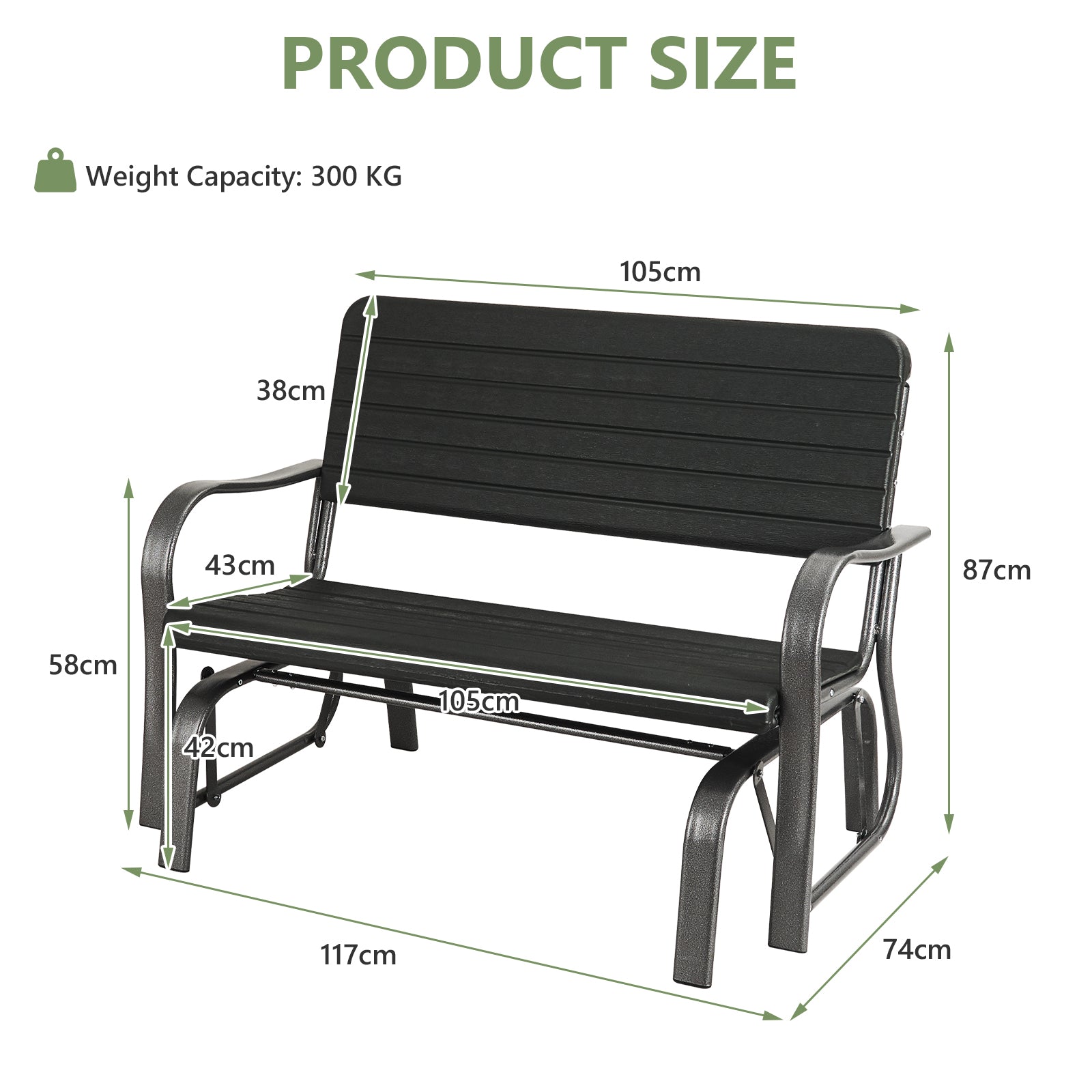 2 Seater Garden Bench with Ergonomic Backrest and Armrests