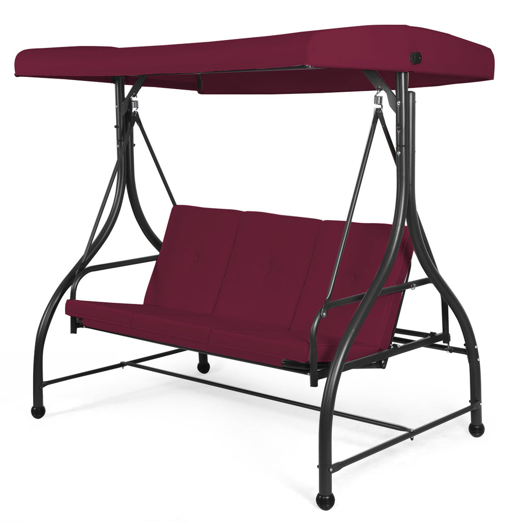 3 Seater Garden Swing Chair with Adjustable Canopy and Cushions-Wine