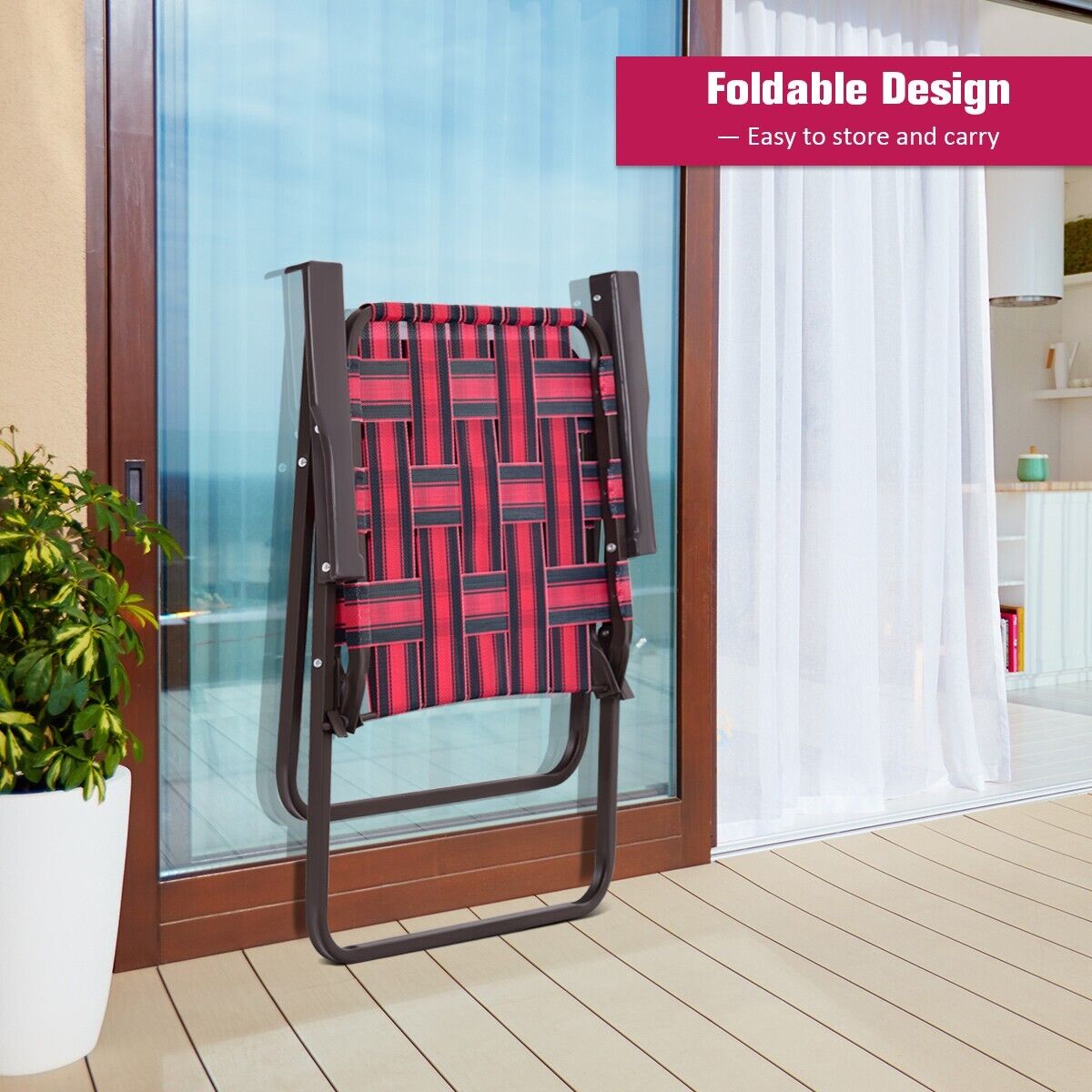 6 Pieces Folding Beach Chair with Armrest in U Shaped Steel Frame-Red