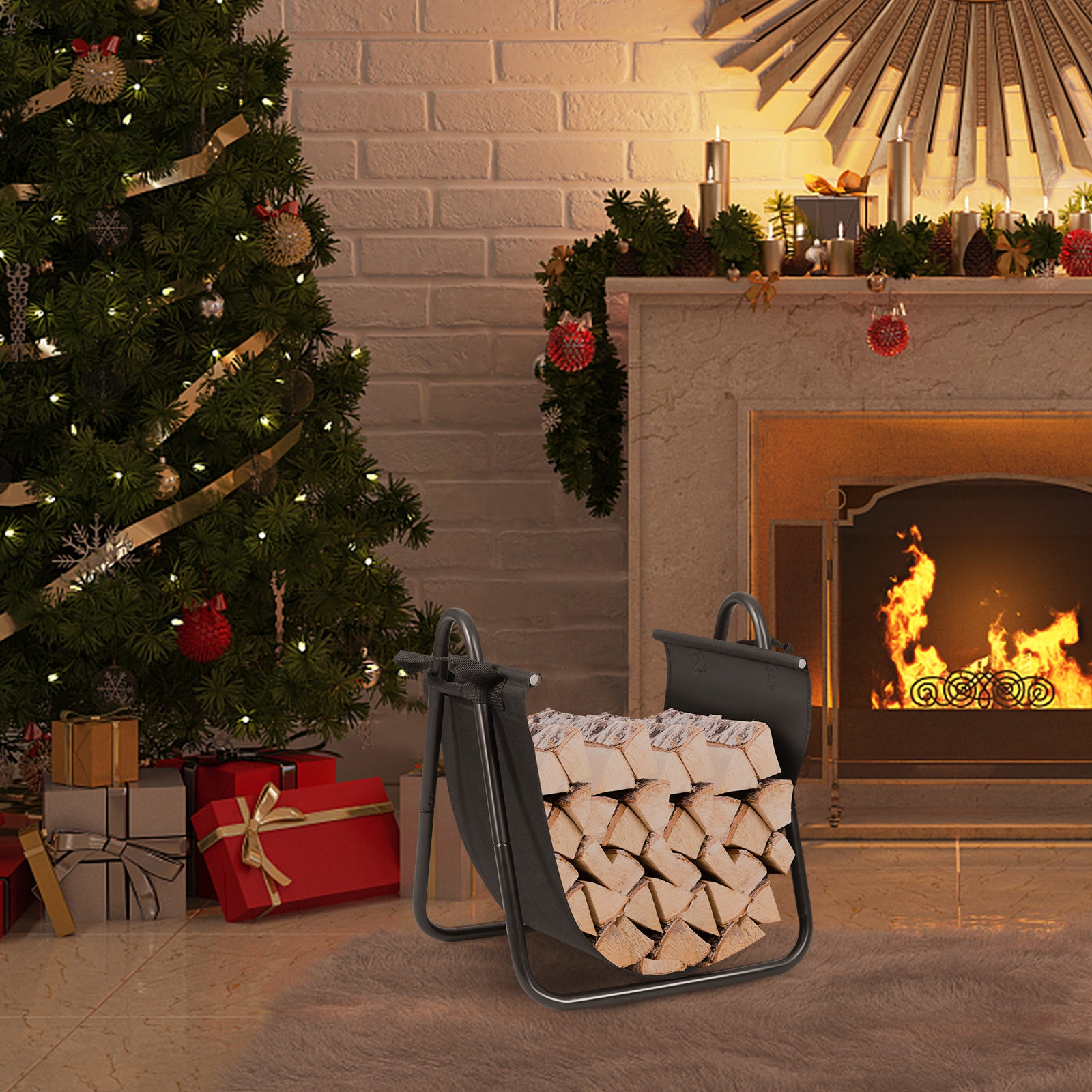 46 x 43 x 52cm Fireplace Log Holder with Canvas Tote Carrier