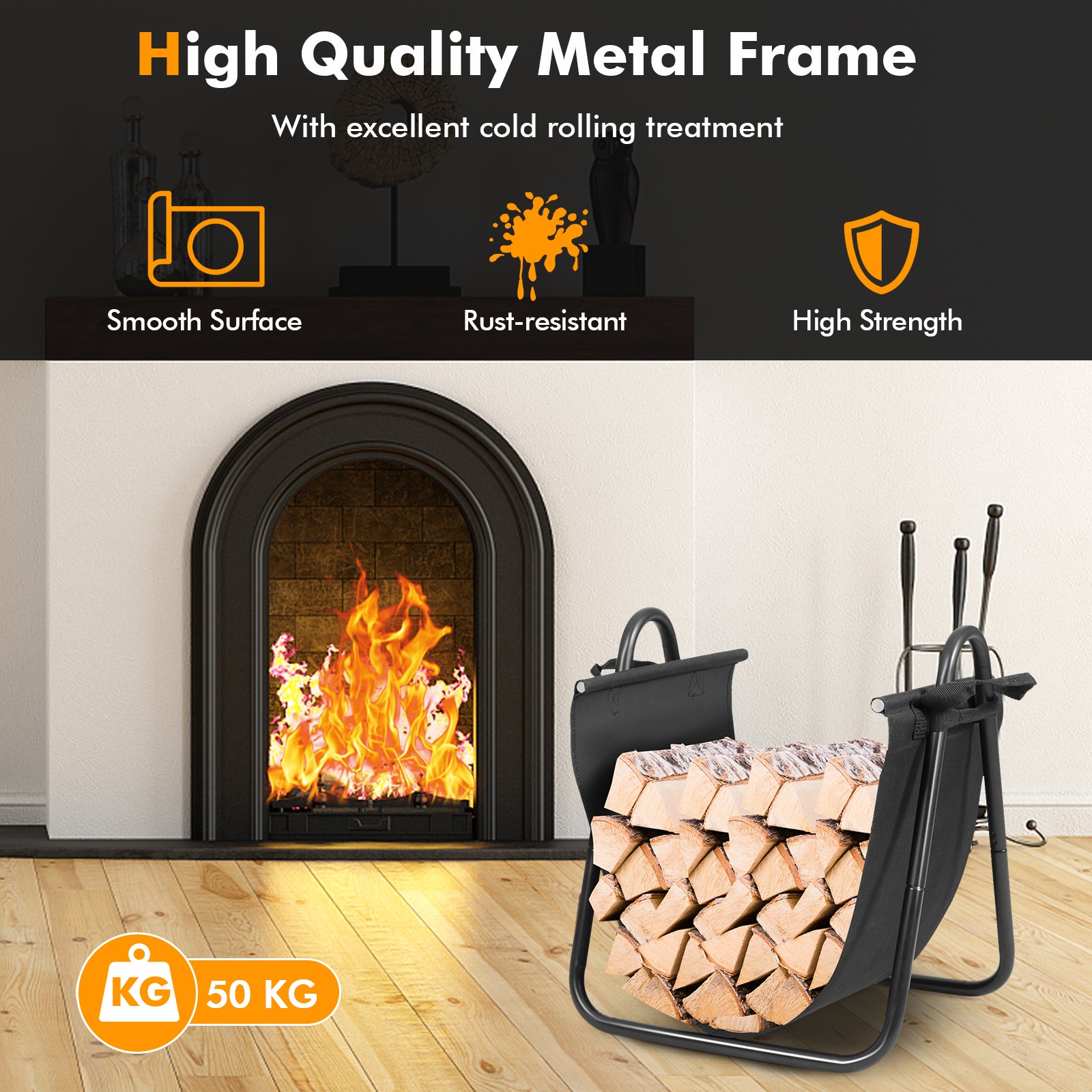 46 x 43 x 52cm Fireplace Log Holder with Canvas Tote Carrier