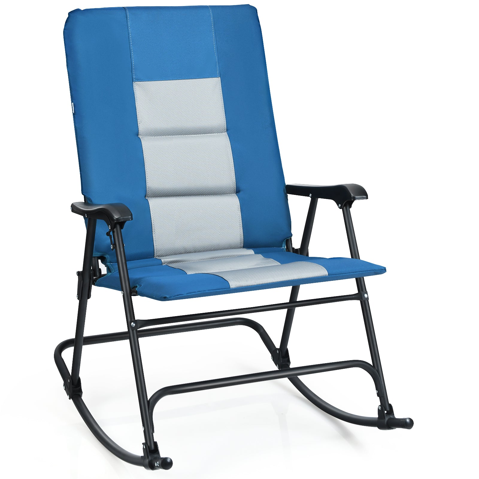 Foldable Padded Rocking Chair with High Back and Armrest for Patio Blue