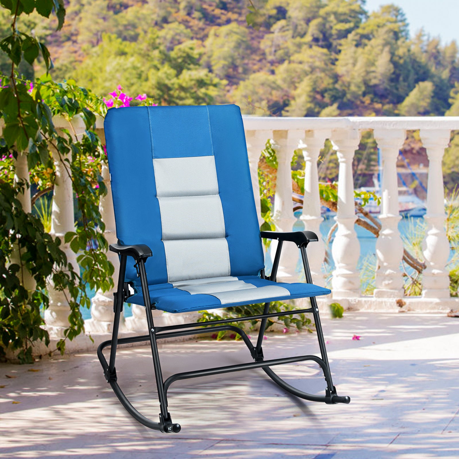 Foldable Padded Rocking Chair with High Back and Armrest for Patio-Blue