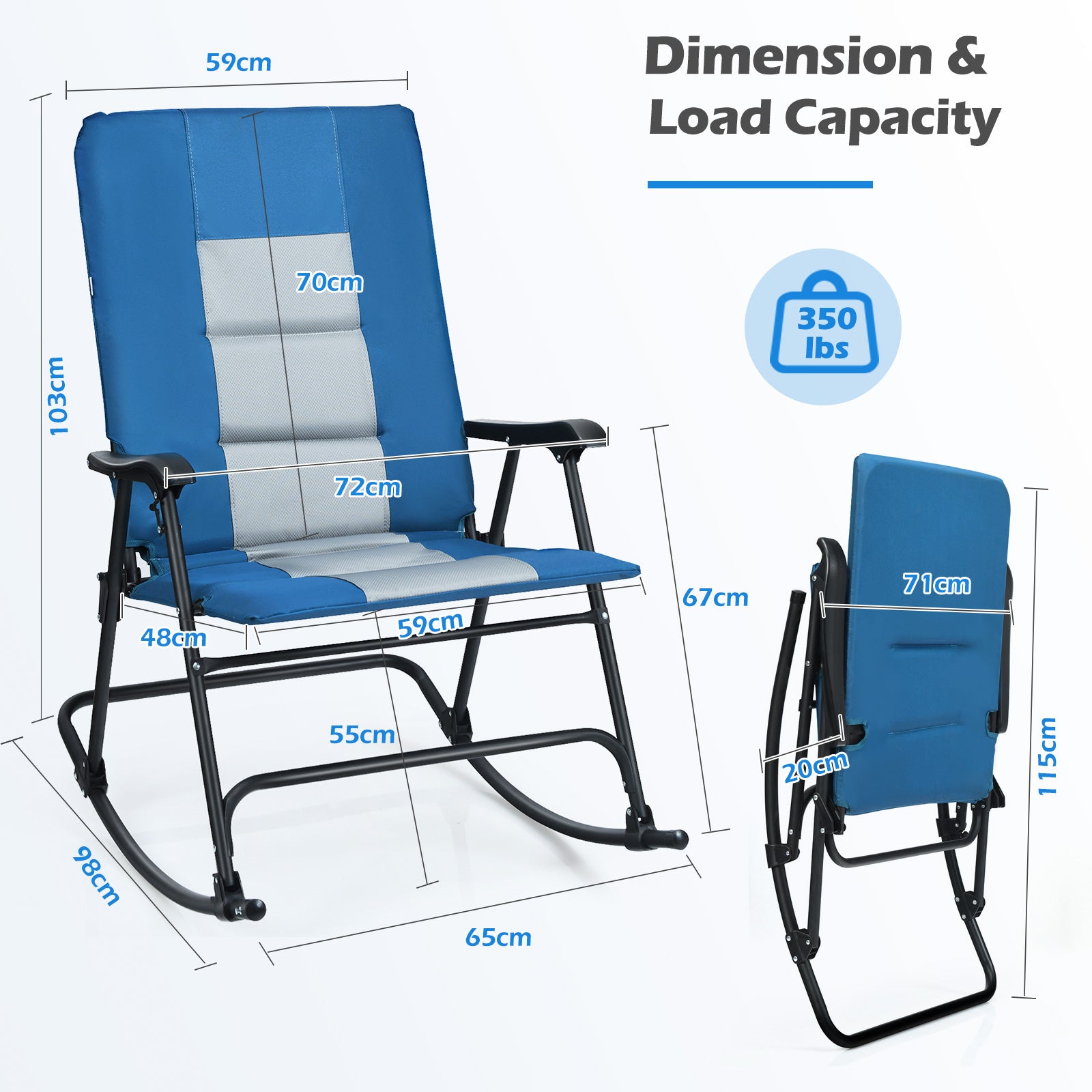 Foldable Padded Rocking Chair with High Back and Armrest for Patio-Blue