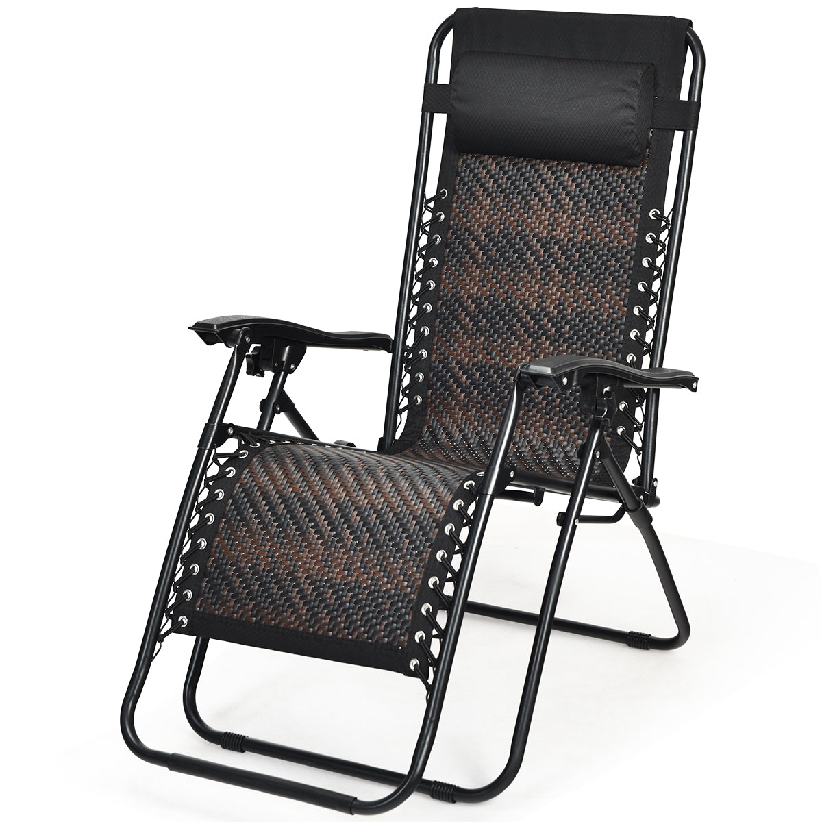 2 Pcs Rattan Folding Sun Lounger Reclining Chair with Removable Headrest Brown
