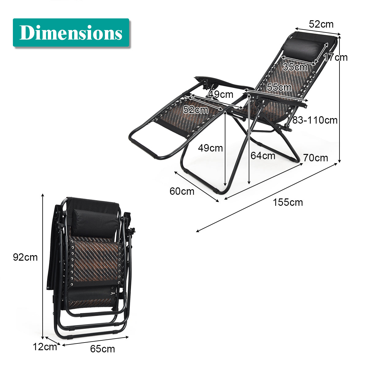 2 Pcs Rattan Folding Sun Lounger Reclining Chair with Removable Headrest-Brown