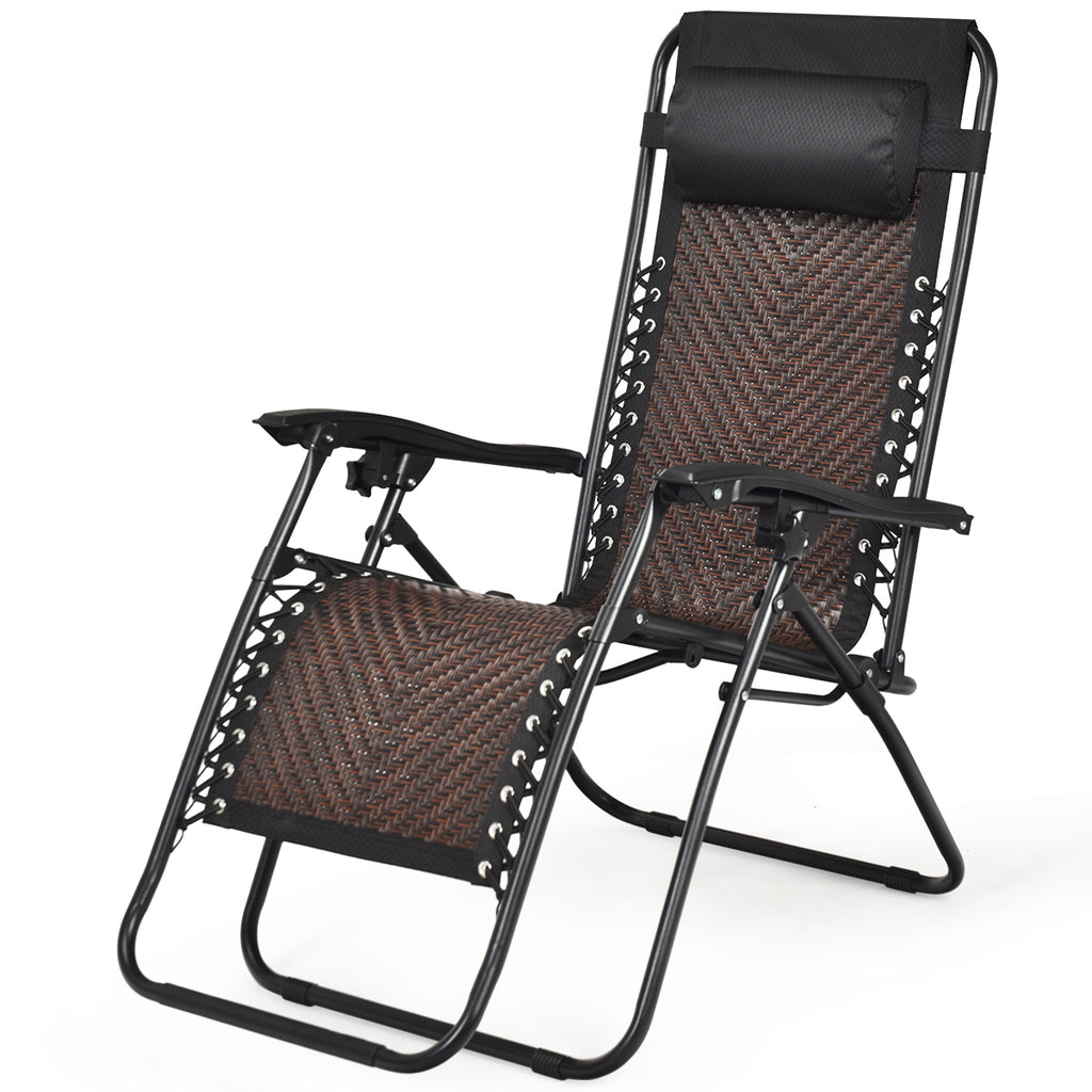 2 Pcs Rattan Folding Sun Lounger Reclining Chair with Removable Headrest Coffee